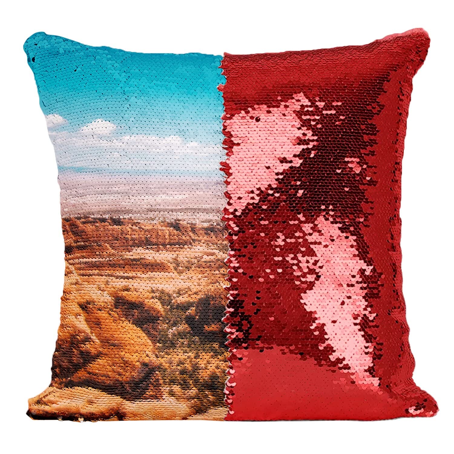 Coussin sequin Monument Valley rouge avec housse paillettes pour salon