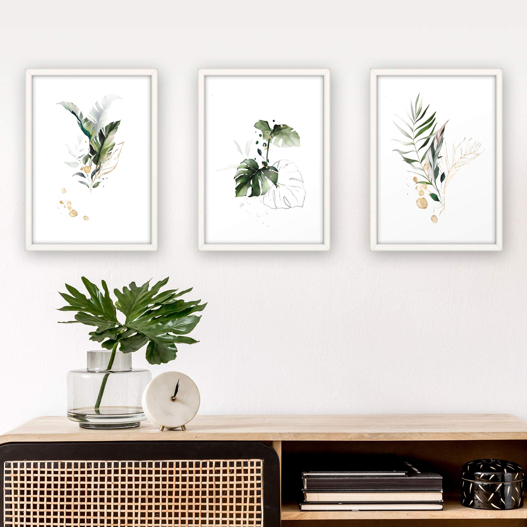 3-teiliges Premium Poster-Set | Kunstdruck | Botanik grün | Blätter | Deko Bild für Ihre Wand | optional mit Rahmen | Wohnzimmer Schlafzimmer Modern Fine Art | DIN A4 / A3 (A3, weißer Rahmen)