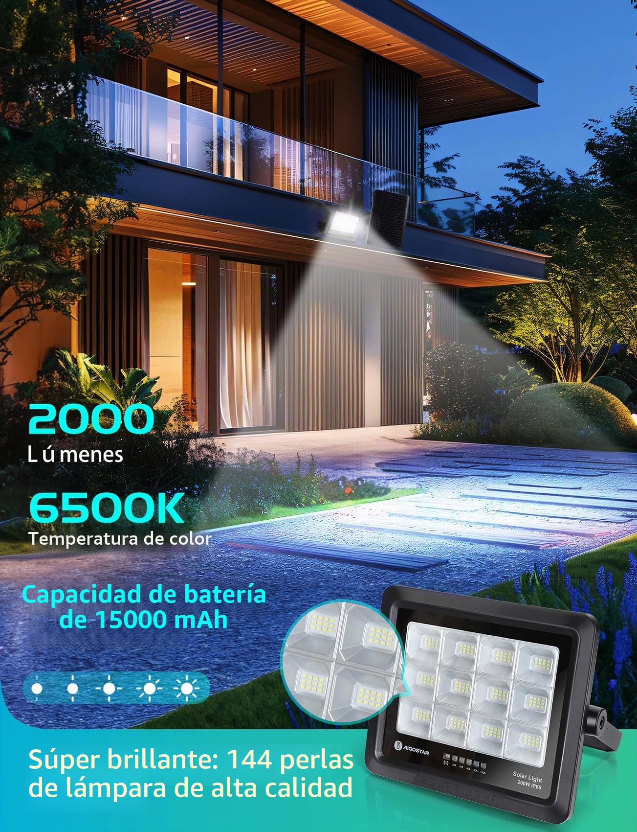 Aigostar Foco Proyector LED Solar con mando a distancia 200w, 6500K.4 pcs | Foco Solar Exterior Impermeable IP65,con Brillo y Sincronización ajustables para Jardín,Garaje