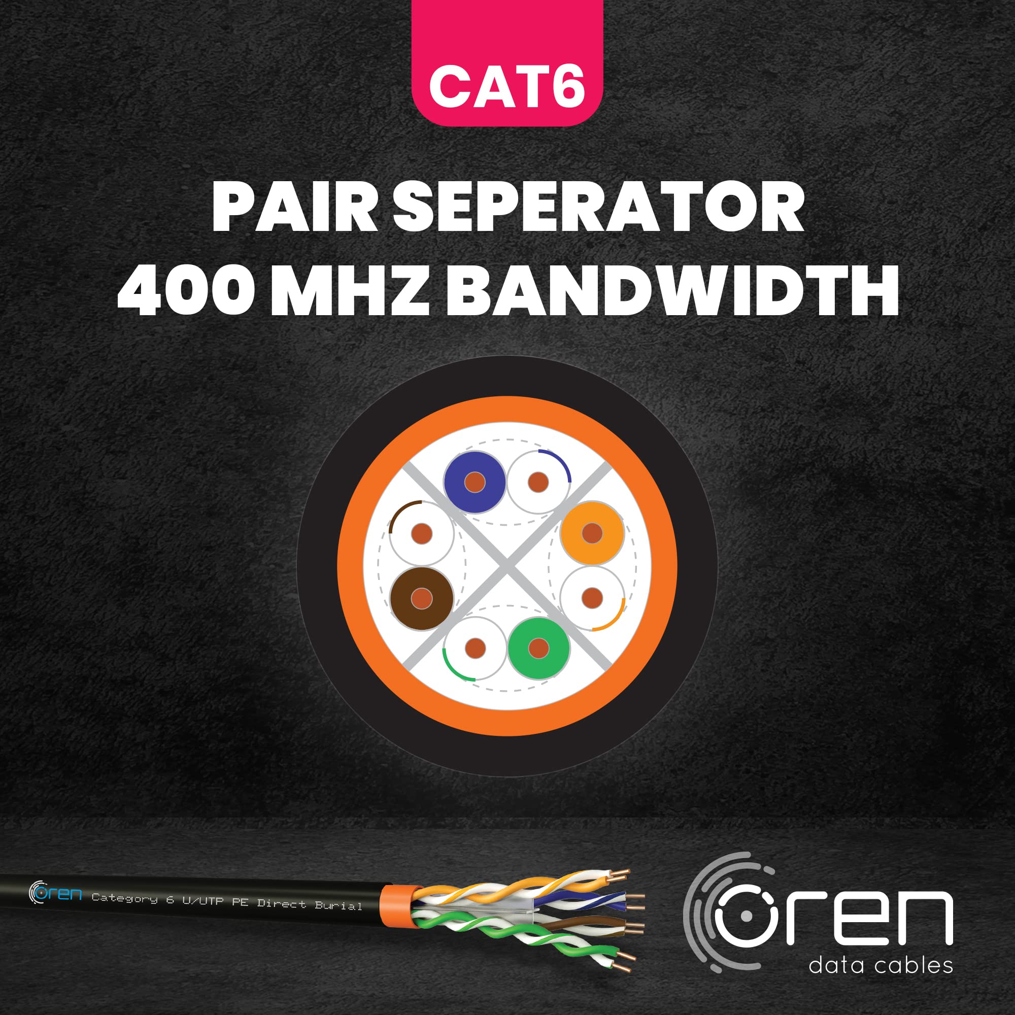 Oren CAT6 100m Cavo Ethernet da Esterno - Interramento Diretto - 23 AWG Cavo in Rame Nudo- 400 MHz Larghezza Banda UTP Cavo di Rete LAN Internet- senza alogeni, anticorrosivo – Gigabit