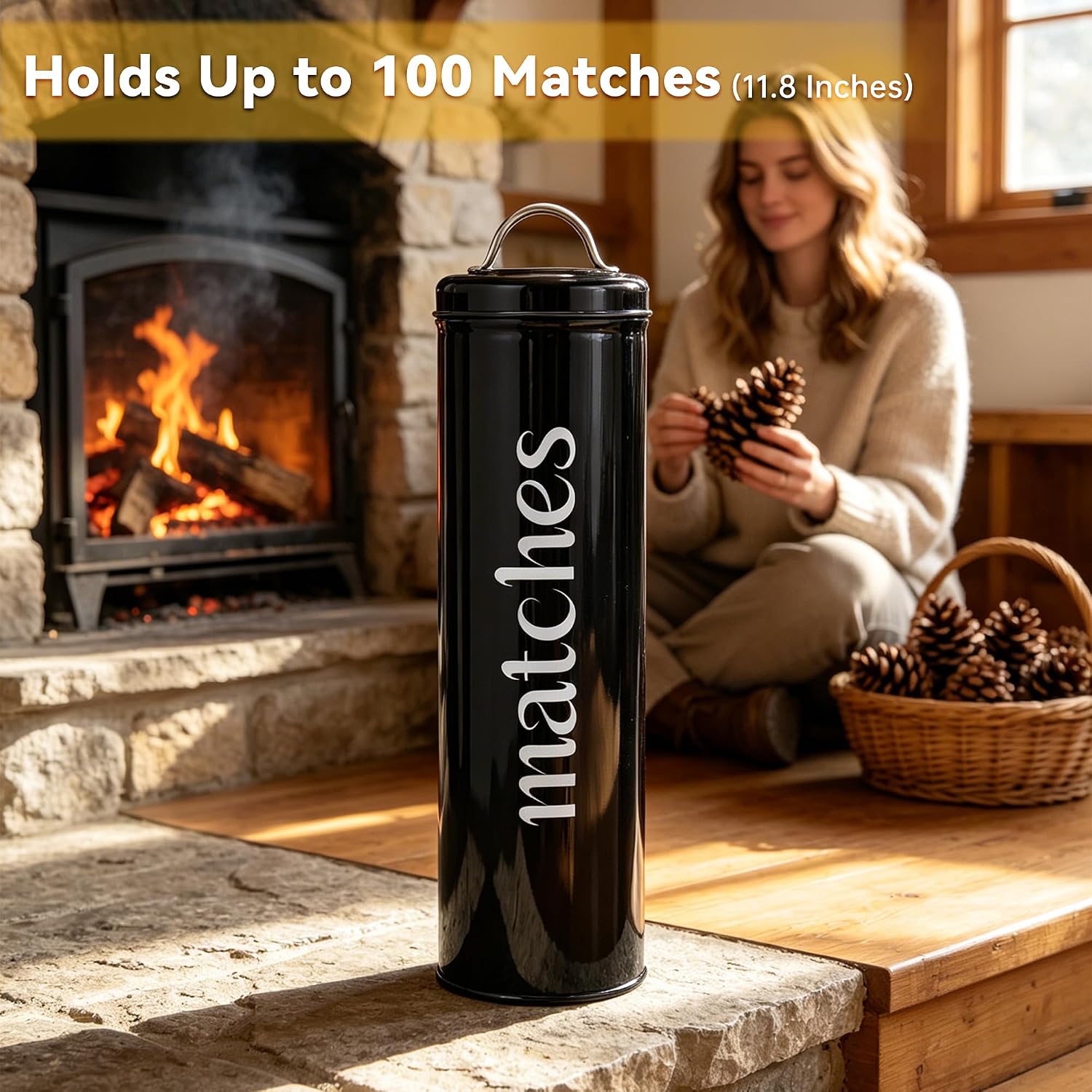 Metal Long Matches Holder with Lid, 12.2 Inch Farmhouse Match Storage Container for Fireplace, Matches Sticks Jar for Indoor Outdoor, Black