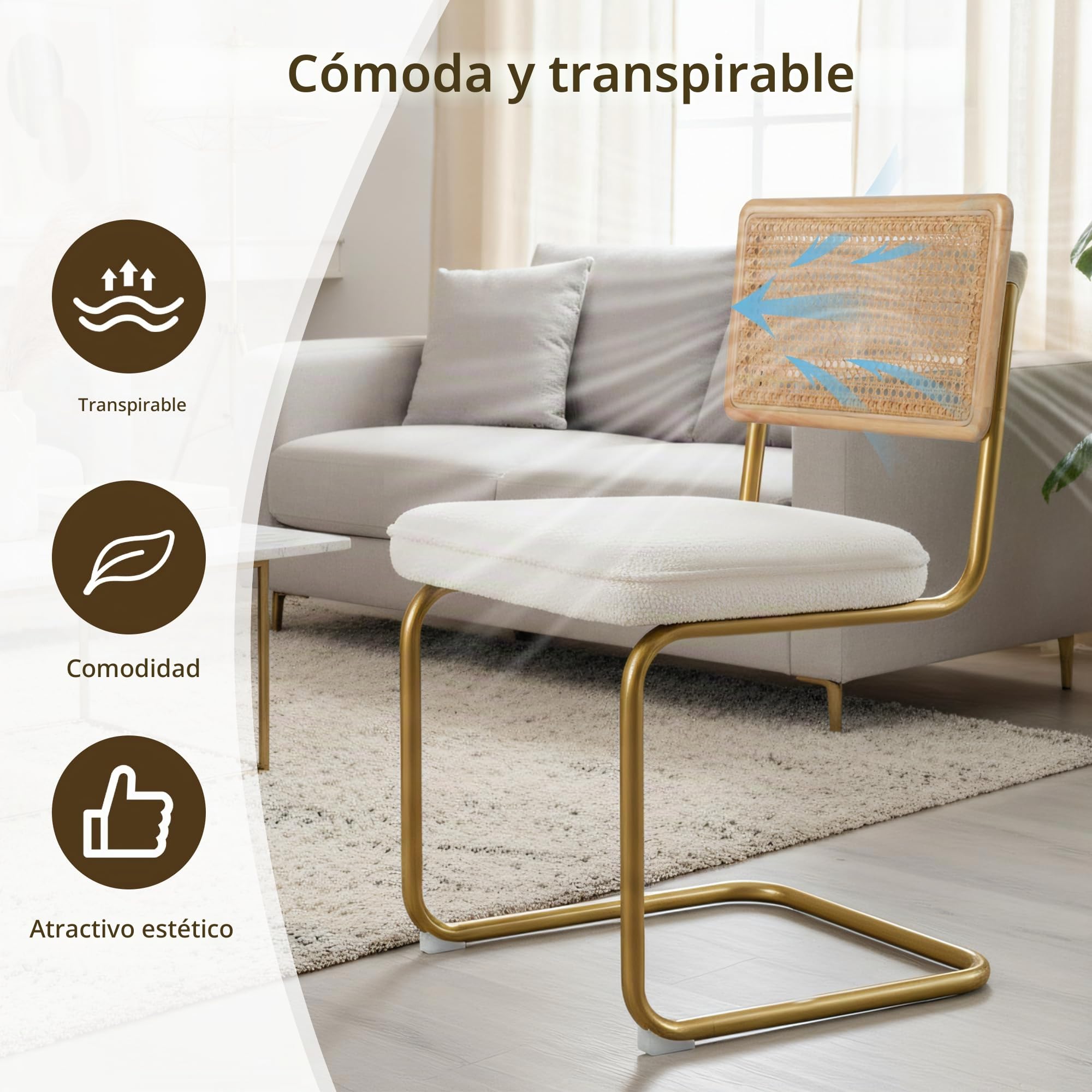 CangLong Pack de 2 Comedor Tapizadas, Sillas de Cocina Modernas con Patas de Metal, Gran Estabilidad y Capacidad de Carga, Blanco, Ratán, Vellón, Espuma, Unidades