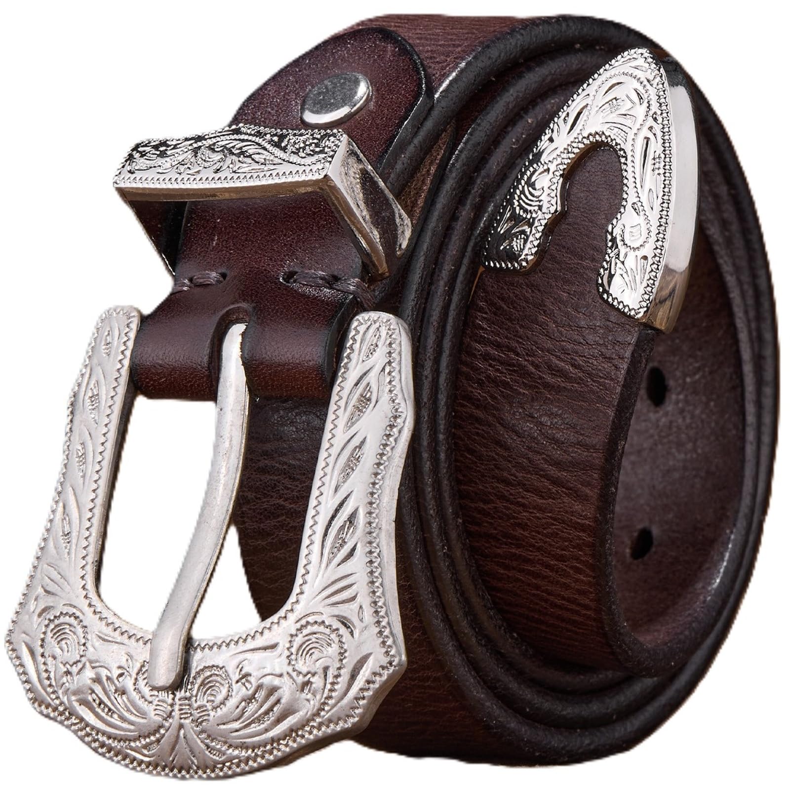 AGUTALITHIC Full Grain Leather Distressed Belt for Men,Carved Floral Silver Buckle,Heavy Duty Strap Daily Wear for Jean Pants(105cm/41, Coffee)