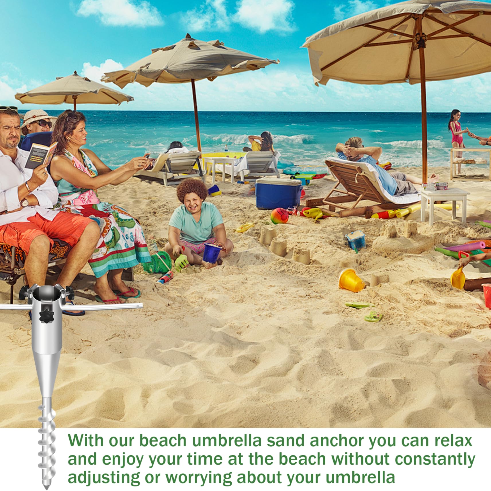 Ancre de sable de parasol plage robuste 20 pouces, support parasol en spirale sans creuser, ancre plage réglable pour le sable, accessoires