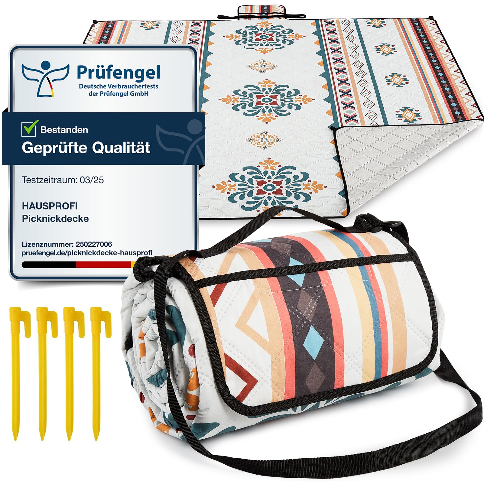 HAUSPROFI Manta de Picnic Boho 200x200 cm, Impermeable y Aislante - Mantel Picnic Grande para Playa, Camping, Aire Libre. Plegable & Acolchada, Portátil, Asa & Piquetas, Lavable e Indeformable