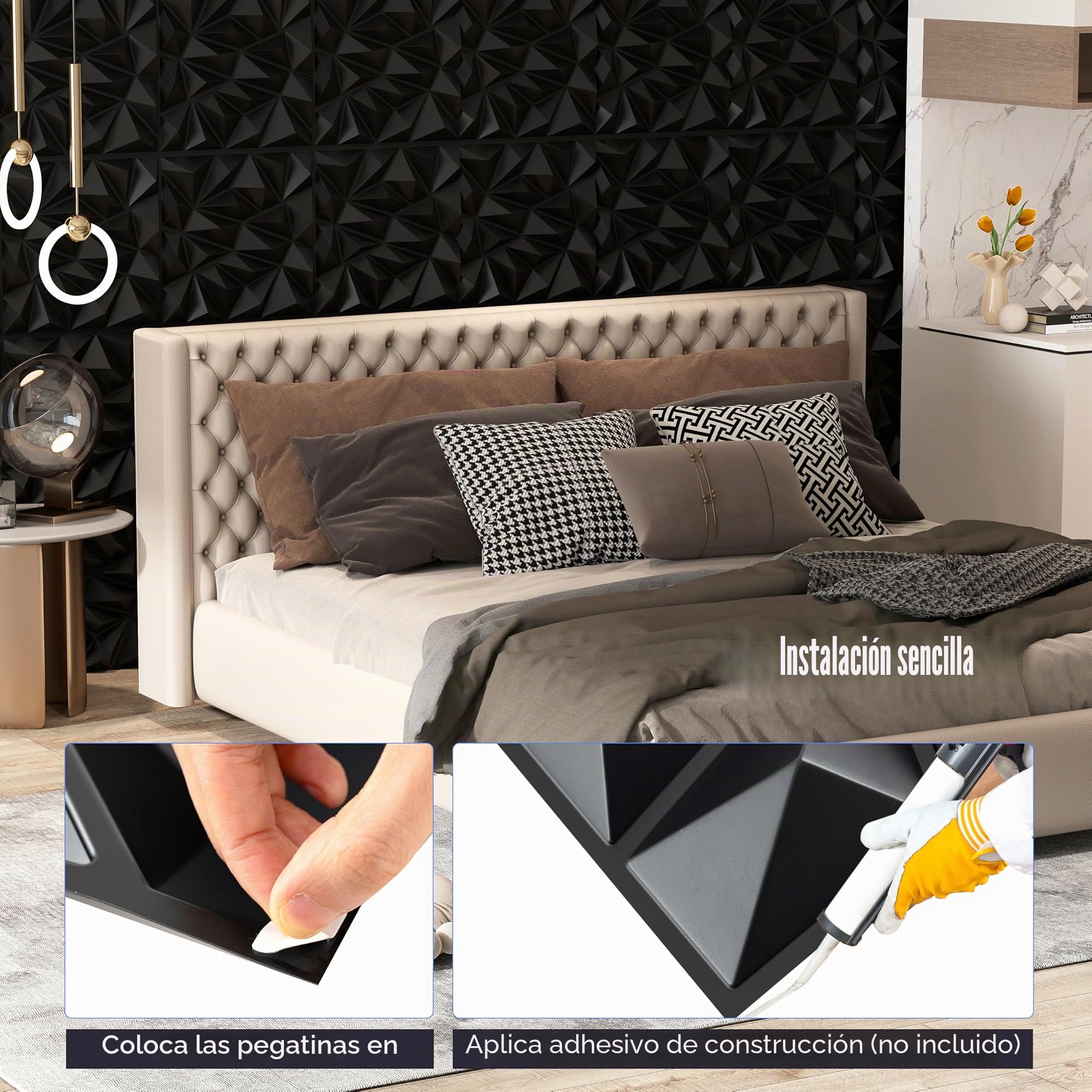 LIFEZEAL 20 Paneles de Pared 3D en Forma de Rombo, 50 x 50 cm, Decoración de Pared Interior de PVC, Paneles Cuadrados de Techo para Sala de Estar, Dormitorio (Negro 5 ㎡)