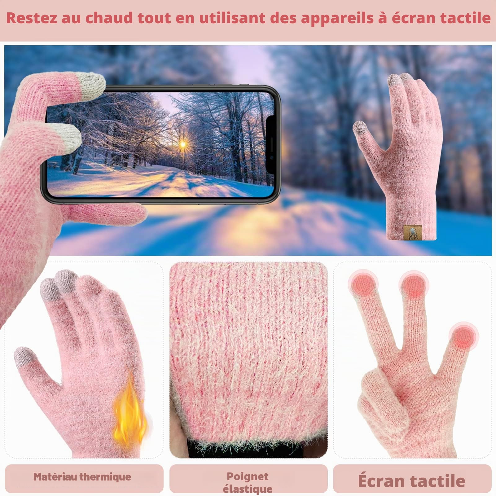 Packs Bonnet Écharpe et Gants pour Femme Gants à Écran Tactile Thermique Tricoté Echarpe Chaude et Bonnet Polaire pour Femme