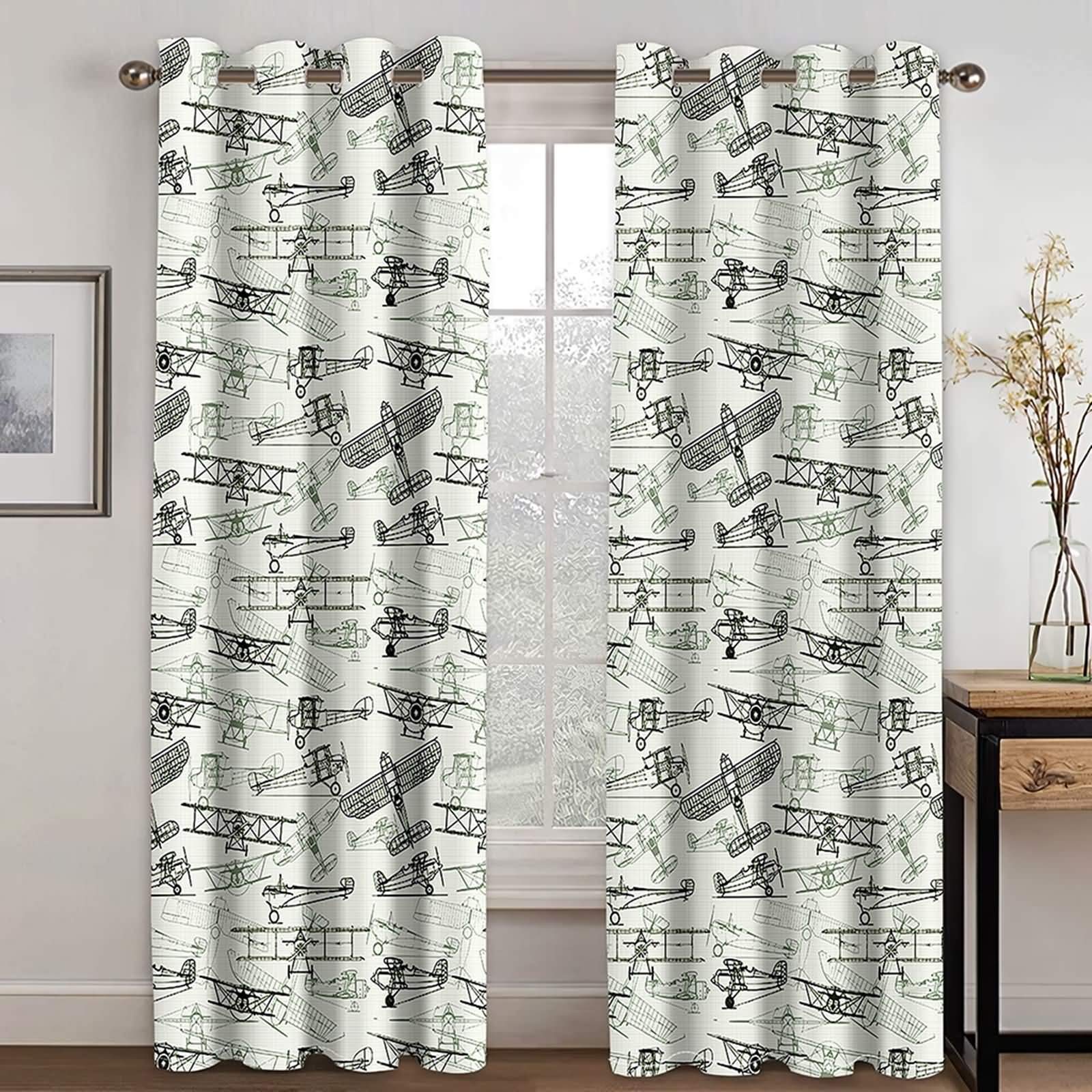 KnSam Rideau Salon Chambre Occultant, 132x244CM x 2PCS, Rideau Imprimé Avion Biplan Beige Noir