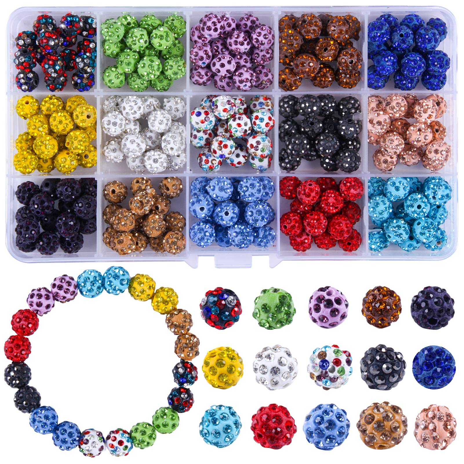 225pcs 10mm Rhinestone Beads for Jewelry Making, 15 Colors Clay Disco Round Ball Sparkly Crystal Diamond Bulk Bead for Bracelets Baseball Necklace Earring Crafting Christmas DIY Decoration