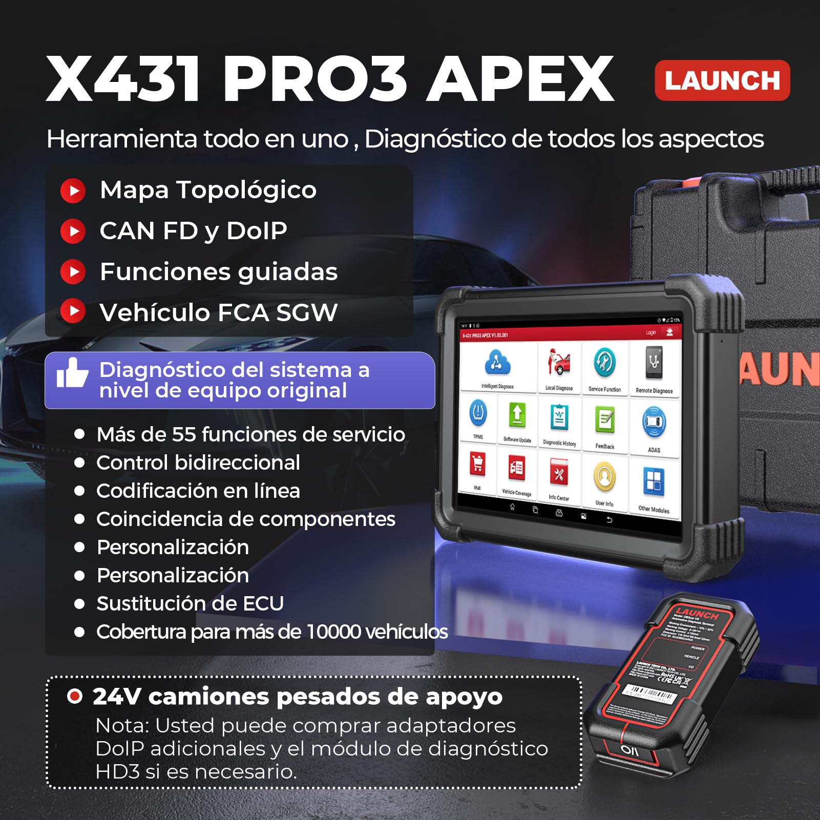LAUNCH X431 PRO3 APEX OBD2 - Herramienta de diagnóstico para mecánico, codificación en línea, tarjeta de topología, CAN FD y DoIP, 50+ servicios, diagnóstico de todo sistema, funciones de guía, FCA y