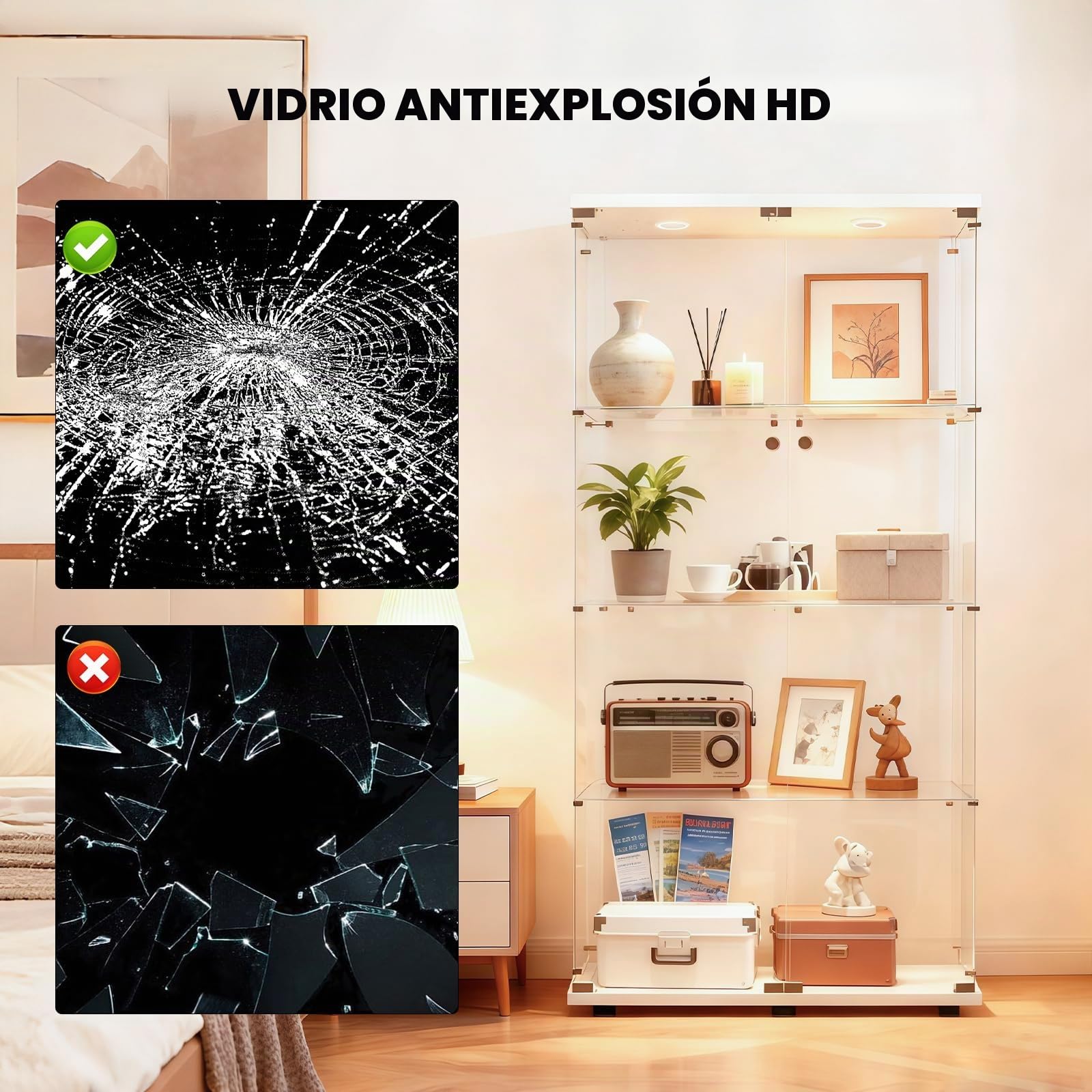 Vitrina de Cristal con iluminación LED, Color Blanco, 80,6 x 36,5 x 164,5 cm, Dos Puertas con Cerradura, Vitrina de Cristal de pie con 3 estantes de Cristal, Vitrina para salón, Dormitorio