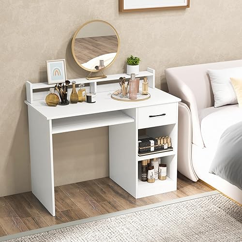 Miniatura 13 de Escritorio para computadora con cajones, mesa de estudio con estantes de almacenamiento, bandeja para teclado, mesa de tocador de maquillaje de