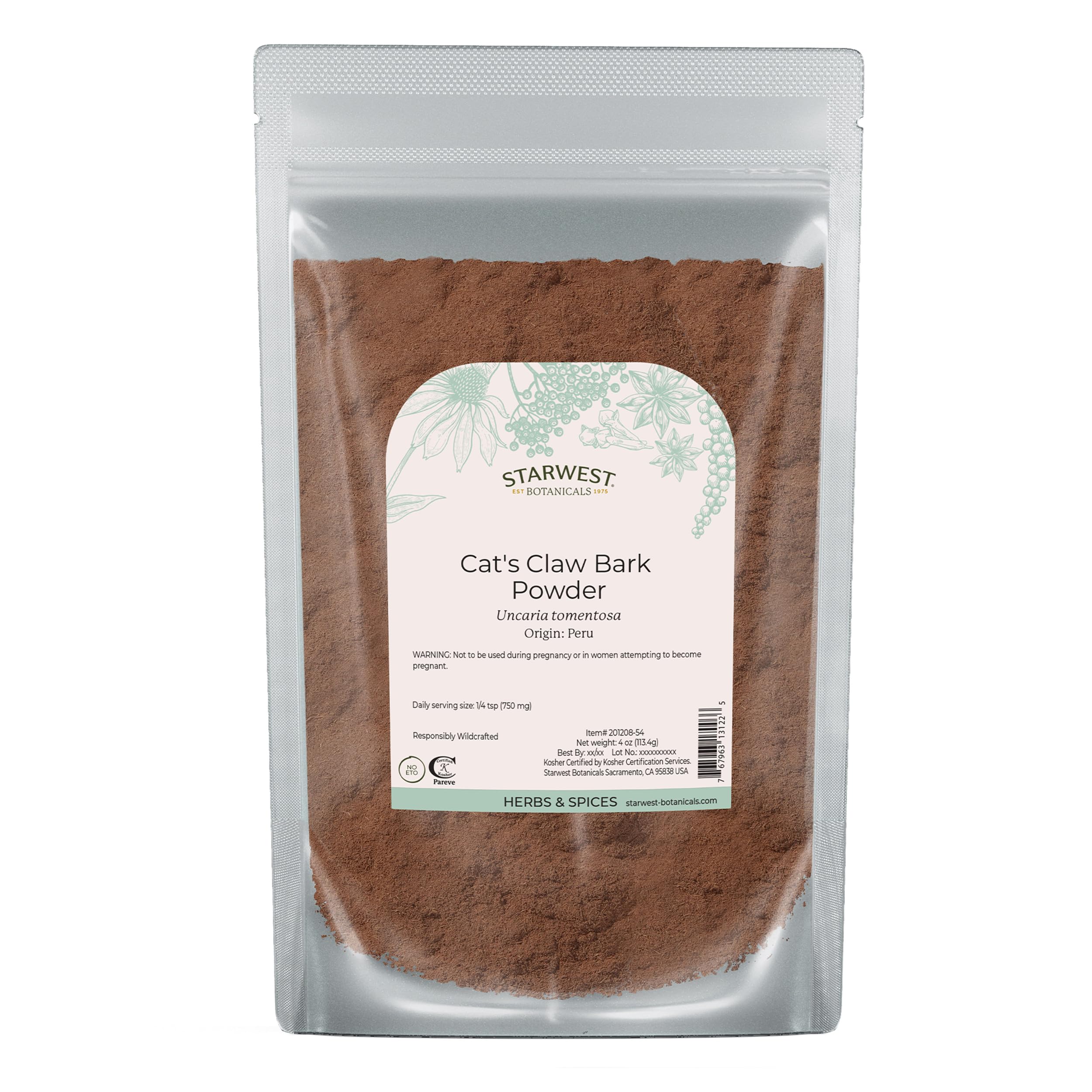 Cat's Claw Bark Powder Wildcrafted - Dried Cat's Claw Herb for Tea, Herbal Blends, Smoothies, & Baking, Certified Kosher - 4 oz Pouch