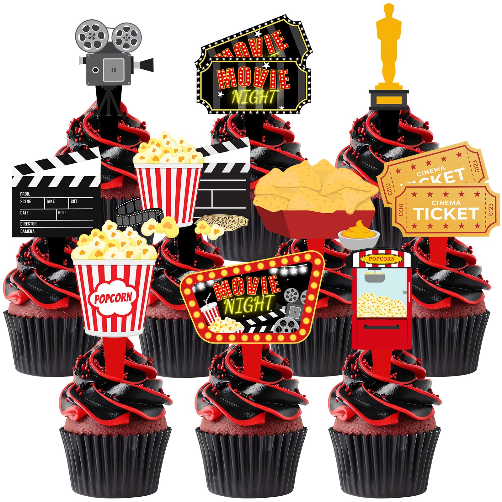 40 Pcs Movie Night Cupcake Toppers - Perfect Party Decorations for Birthdays, Hollywood Baby Showers, and Themed Cakes