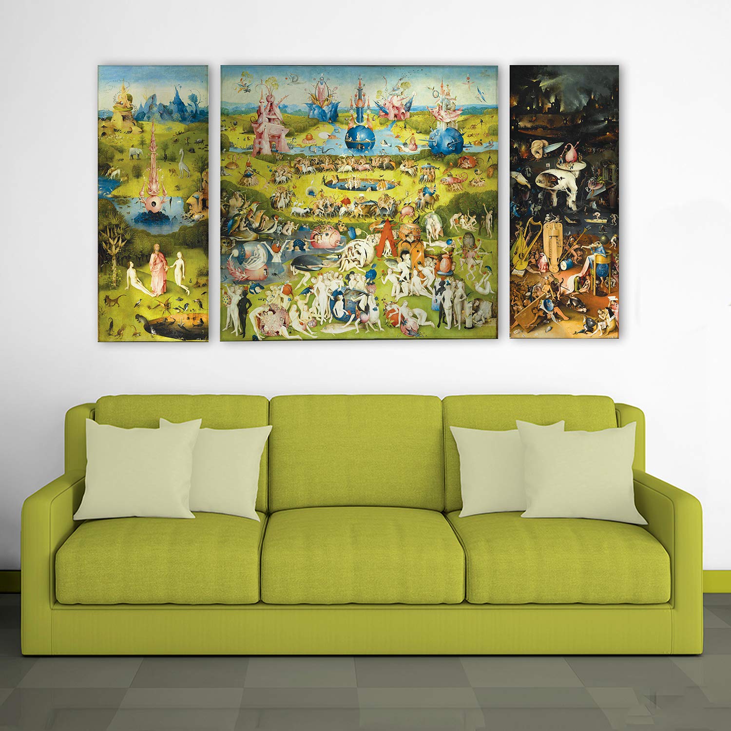 Giallobus - Cadre Multi-Panneaux 3 pièces - Le Jardin des délices - Impression sur Verre plexiglass Acrylique - prêt à accrocher - 40x100 cm - 100x100 cm - 40x100 cm