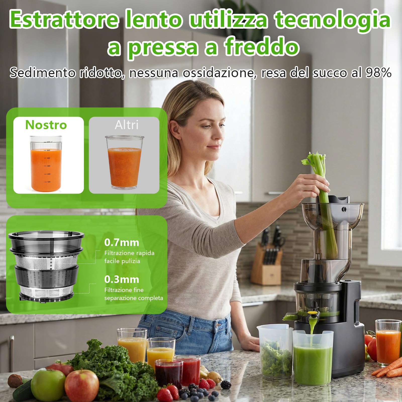 Estrattore Frutta e Verdura,Slow Juicer con Ampio Bocca da 98MM, Spremiagrumi Elettrico Professionale 500W con Funzione di Inversione,Tasso di estrazione fino al 98%, Estrattore di Succo