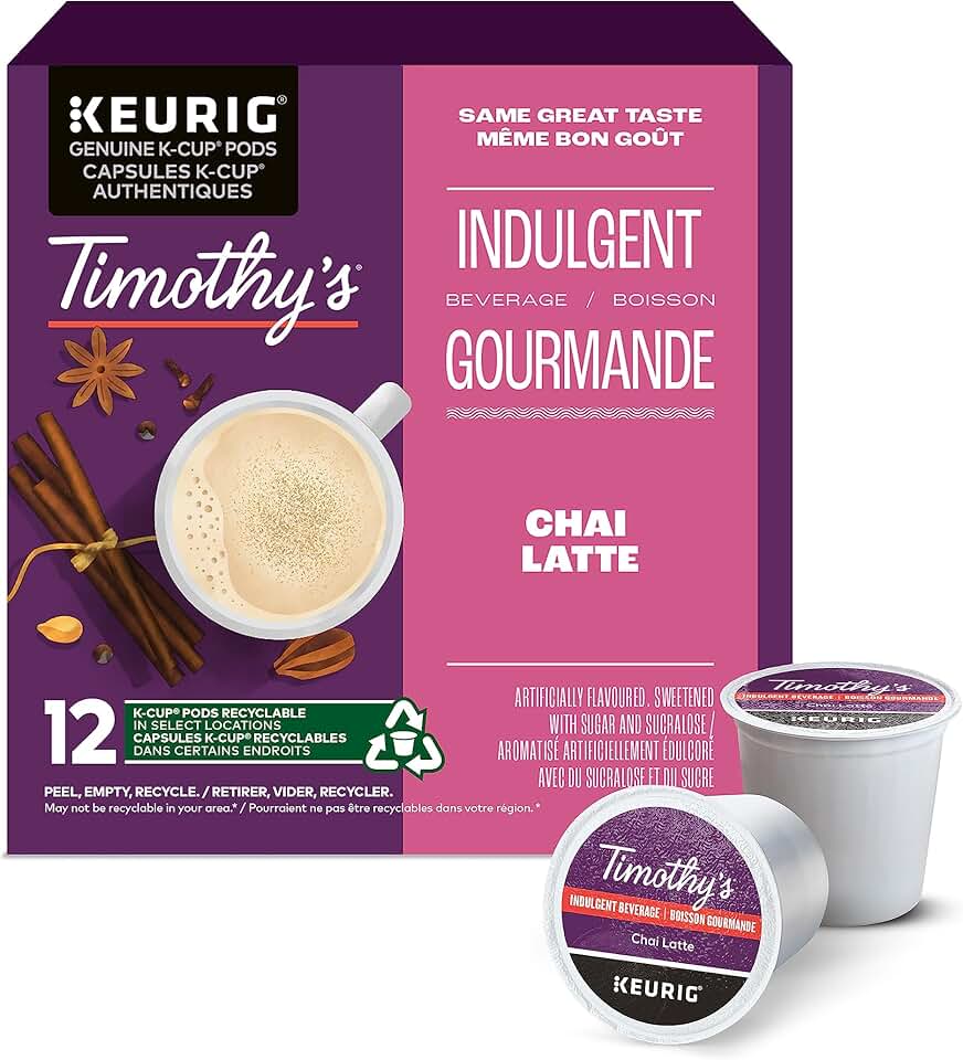 Timothy’s Chai Latte, Indulgent, K-Cup Coffee Pods, 12 Count
