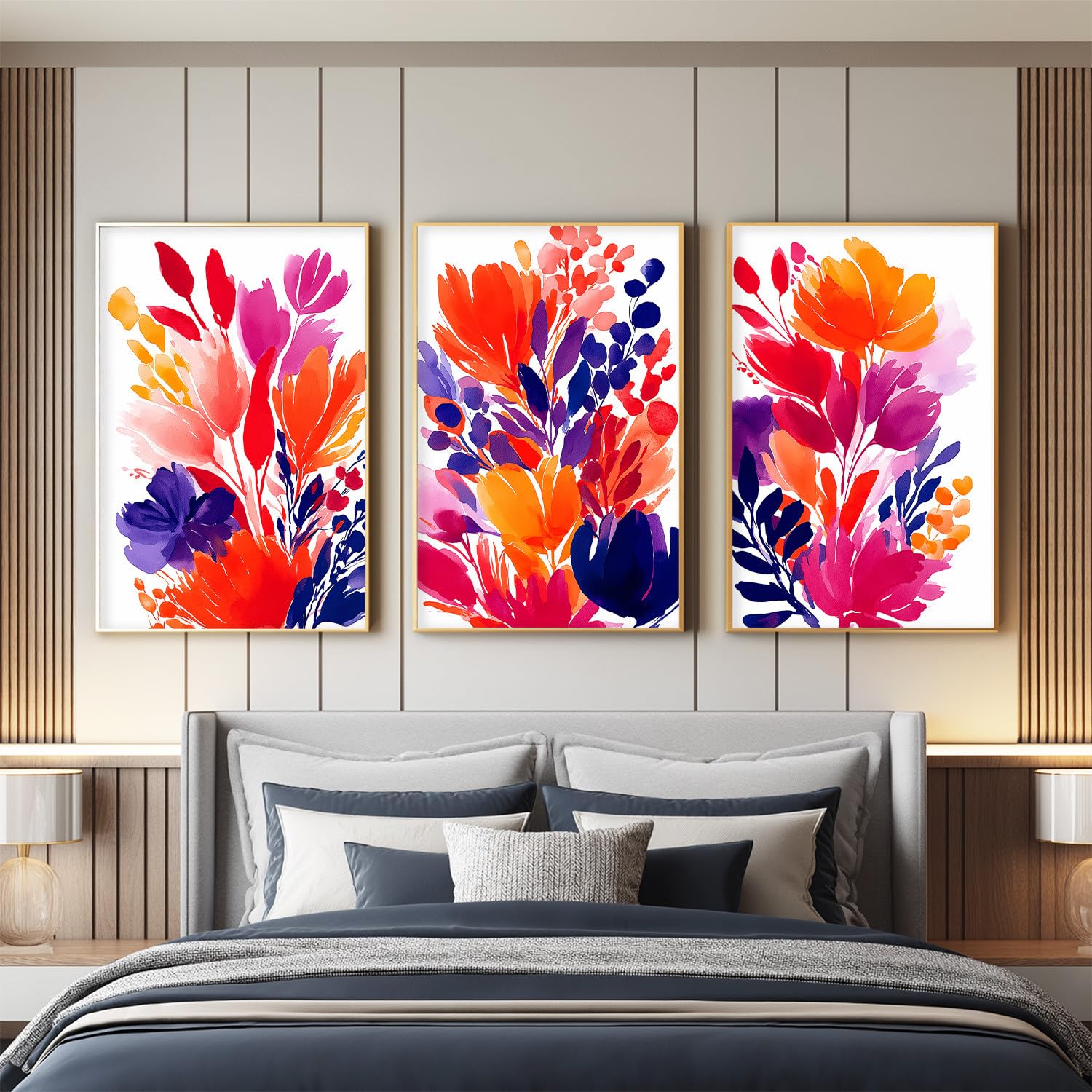 Generisch Akwarelowe kwiatowe wydruki artystyczne (zestaw 3 szt. 40 x 50 cm), kwiat, gałązka botaniczna, żywy obraz ścienny, format pionowy, obrazy do salonu, sypialni, kuchni, czytelni, biura, jako