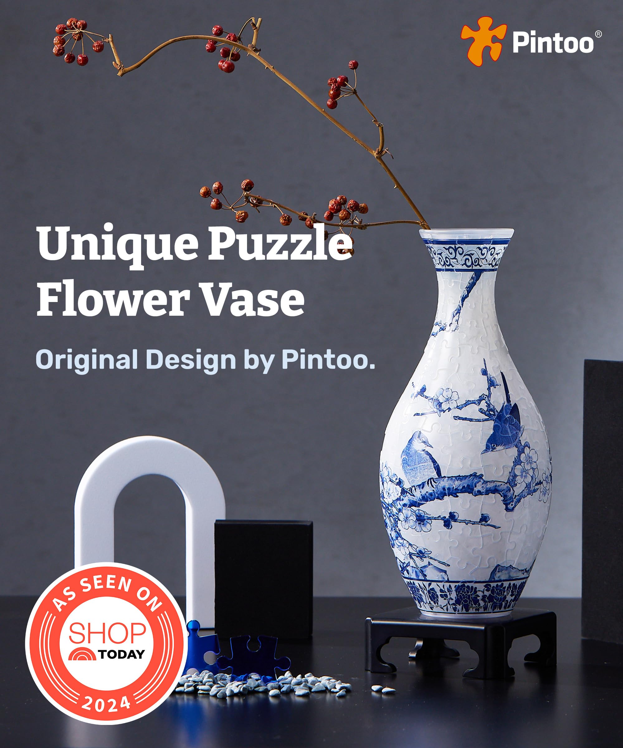 Pintoo 3D Puzzle Vase Unique Flower Vase Made by 160 Curved Plastic Puzzle Pieces House Warming Gift for Flower Arrangements and Home Decoration - [S1032] (Classic, Indigo Age): Magpies on Plum Tree Translucent