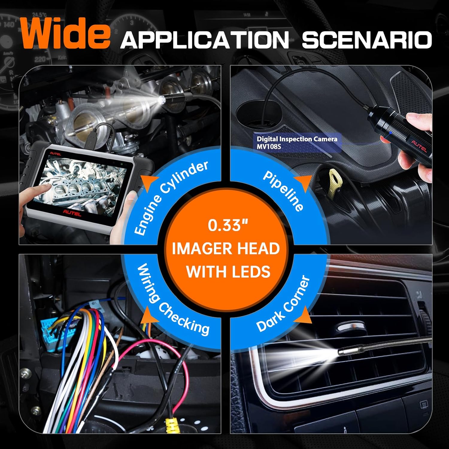 Autel MaxiVideo MV108S Inspection Camera - 8.5mm Diameter, Imager USB Endoscope with Light, 1920x1080 HD 2MP Borescope for Autel Scanner & PC, Upgraded Waterproof Inspection Camera and Cable USB