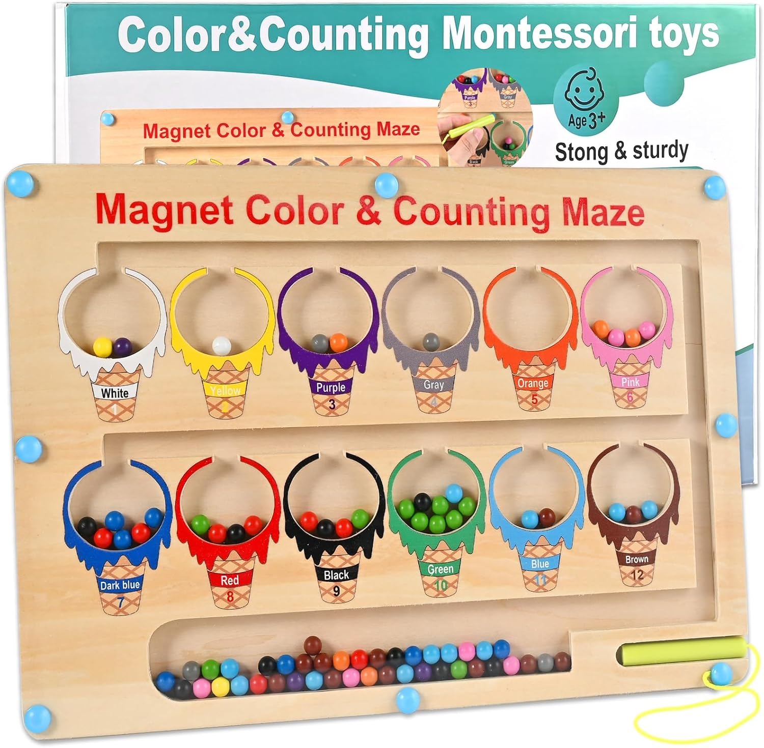 Magnetic Color and Number Maze, Montessori Wooden Magnet Board, Color Matching Counting Toddler Fine Motor Skills Toys for Preschool Learning Educational Gifts for Kids 3 4 5 Years Old