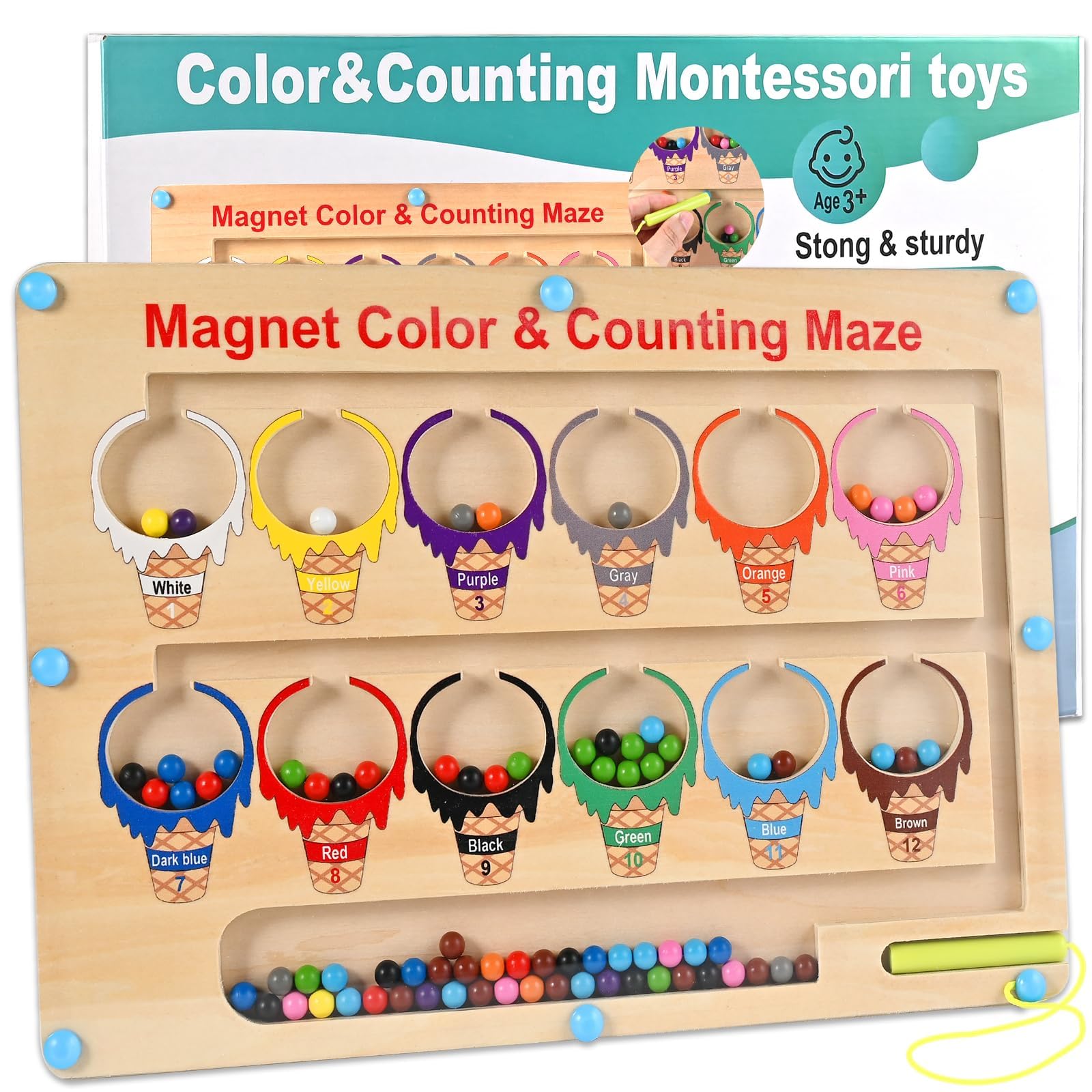 Wooderma Magnetic Color and Number Maze, Montessori Wooden Magnet Board, Color Matching Counting Toddler Fine Motor Skills Toys for Preschool Learning Educational Gifts for Kids 3 4 5 Years Old