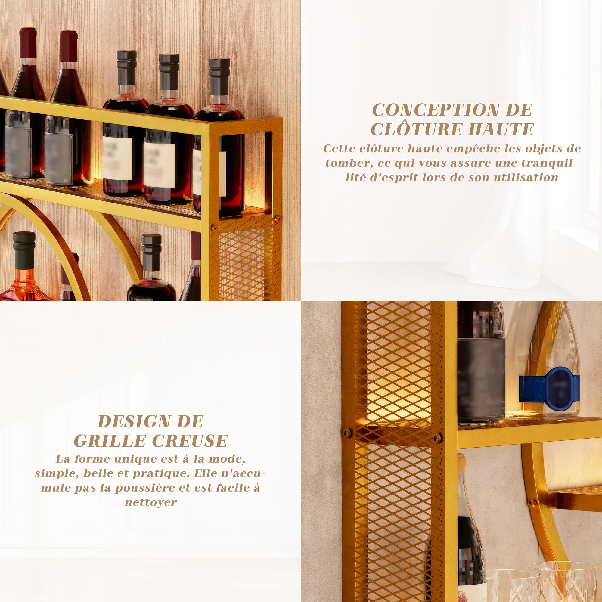 UEV Porte-Verre à Vin en Métal 140cm, Porte Bouteille Mural Industriel, Casier à Vin, avec Lumière LED de 15 Couleurs, Range Bouteille Vin, pour Salle à Manger, Cuisine, Bar (Or, 140x15x80cm)