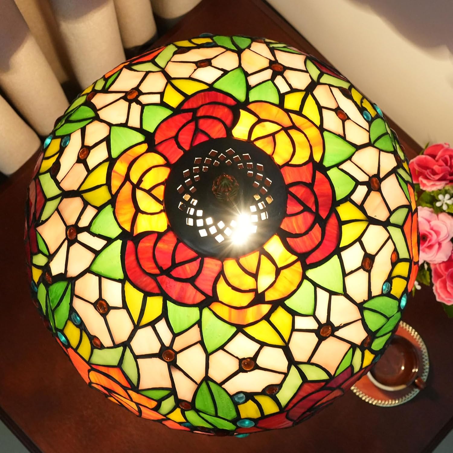 Tiffany Lamp Shade 12" Wide Accessories Replacement Only Rose Stained Glass Lampshades Vintage Green Wisteria Style Light Cover for Table Lamp Pendant Light Desk Ceiling Fixtures,Rose