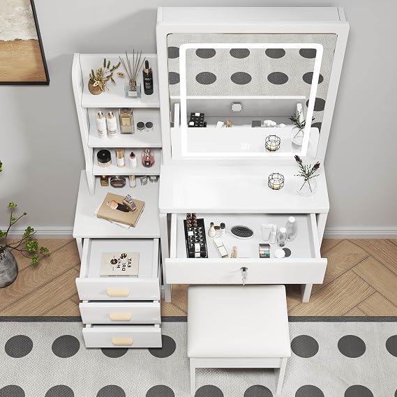 Makeup Vanity with Mirror and Lights,Modern Bedroom Makeup Table Set with Upholstered Stool,Vanity Desk with 4 Drawers & Shelves,3 Color Lighting Brightness Adjustable,White (4 Drawers-1)