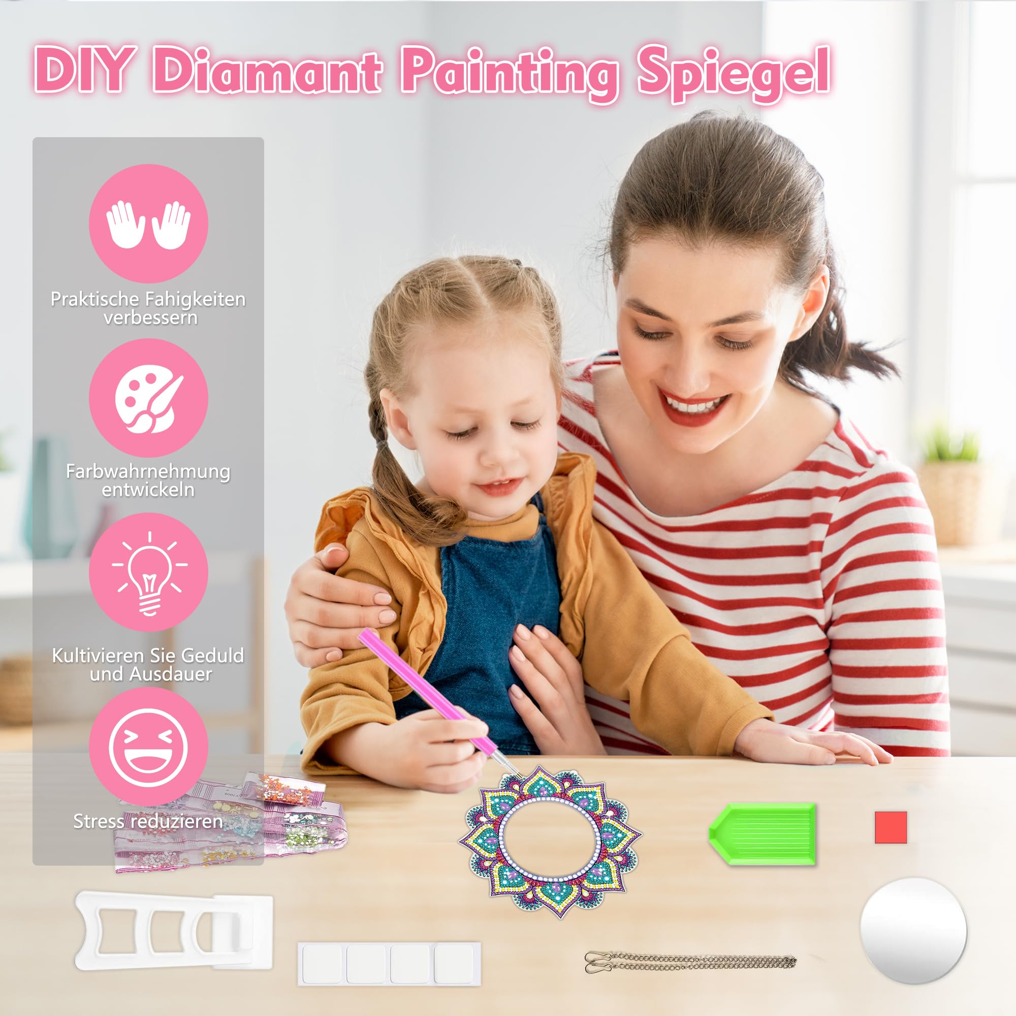 HDKAJL Kit Miroir Diamant Mandala – DIY Pour Filles 6-12 Ans, Peinture 5D, Acrylique, Cadeau Anniversaire Ou Pâques