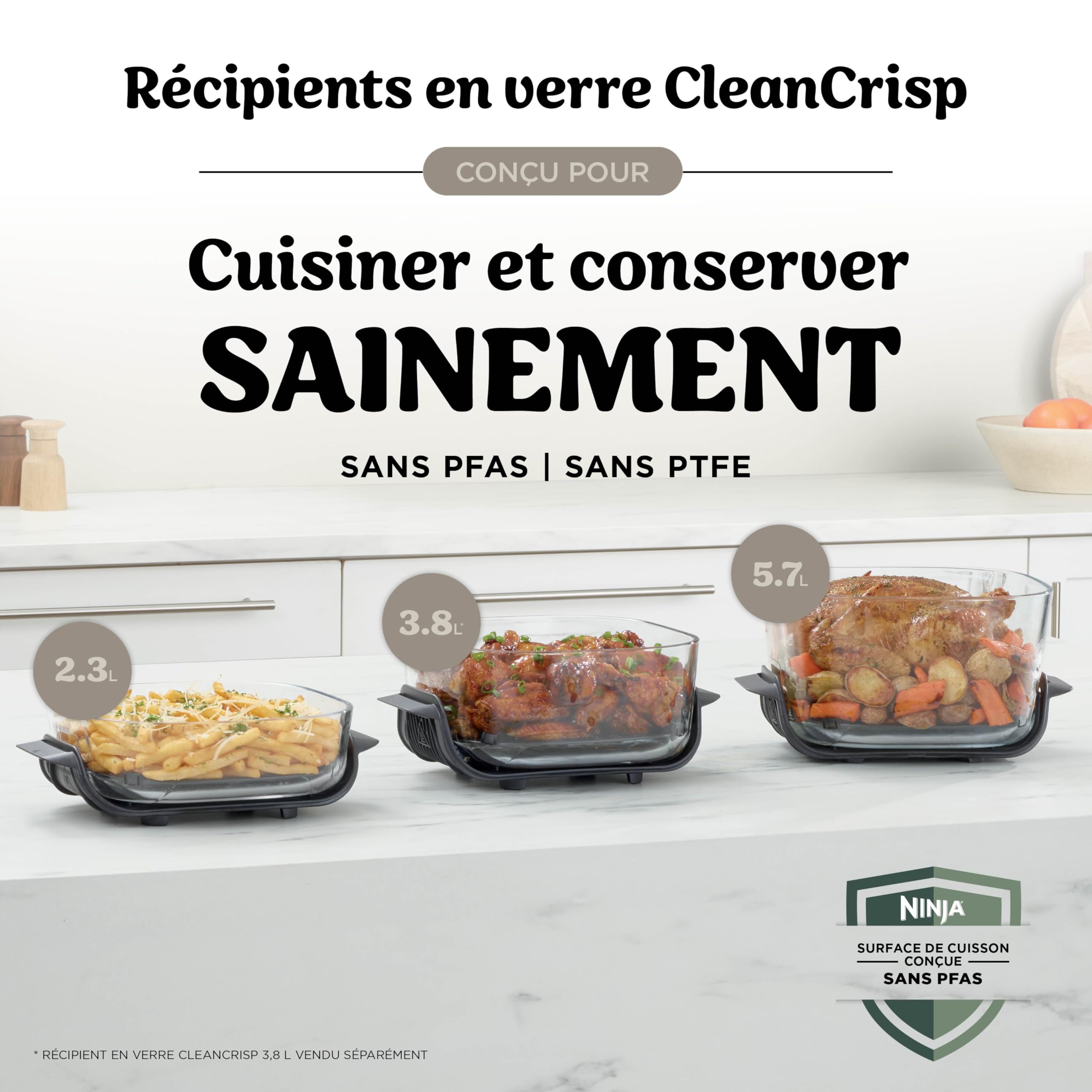 Ninja CRISPi PRO XL, Friteuse sans huile, bols 5,7l et 2,3l AS090EUSD | 5 modes de cuisson prédéfinis, avec contenants en verre CleanCrisp de 5,7 l et 2,3 l, couvercles de rangement, Stone/Or