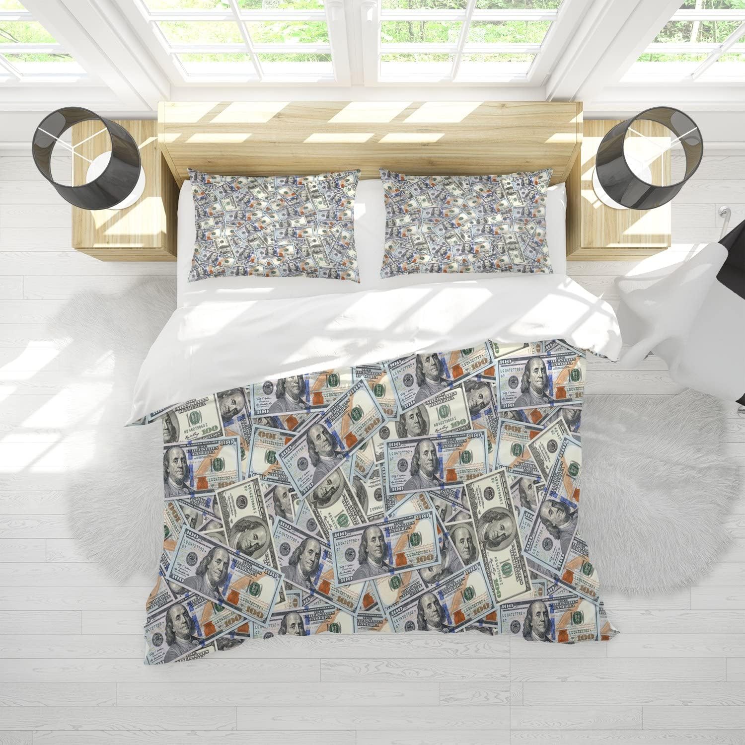 100 Dollar Bill Money Duvet Cover Set, One Hundred Dollar Bills of United States Federal Reserve The Ben Franklin Portrait, Decorative 3 Piece Bedding Set with 2 Pillowcovers,Queen Size