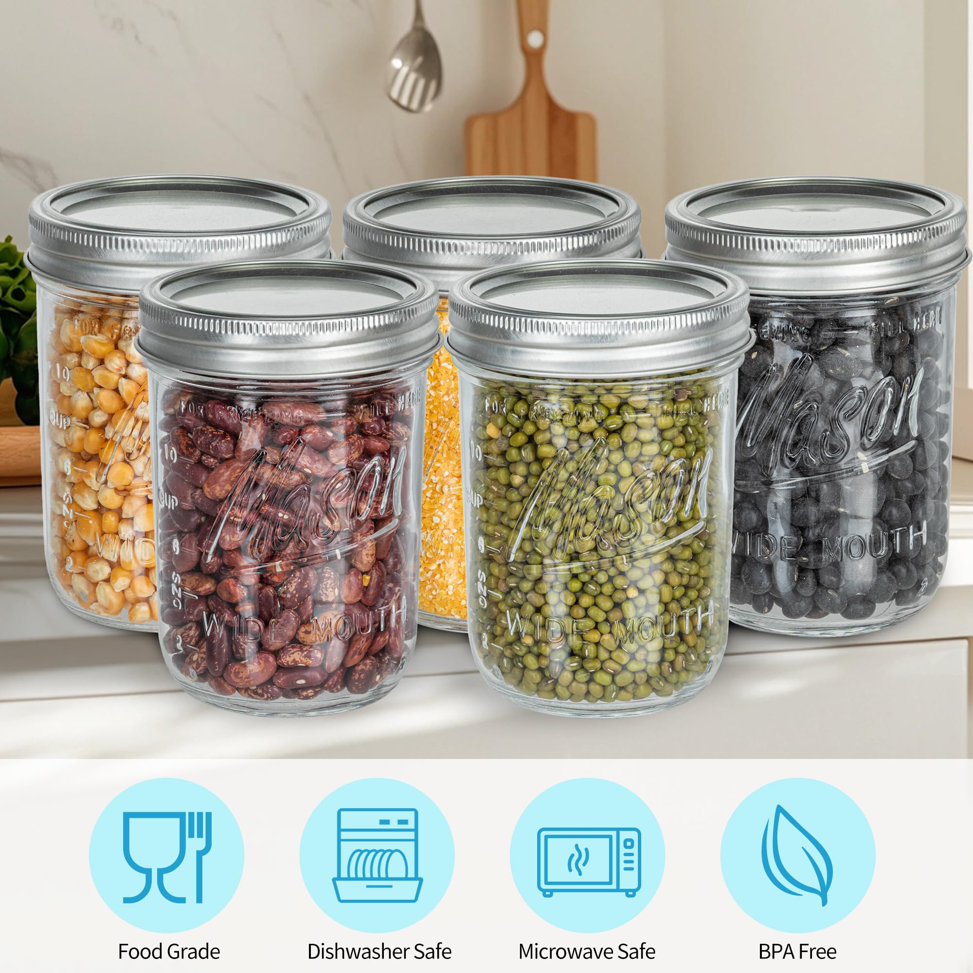 Lot de 8 bocaux Mason à large ouverture avec couvercles hermétiques en métal et bandes - 473,6 g avec couvercles hermétiques en métal pour fermentation, préparation des repas, congélation