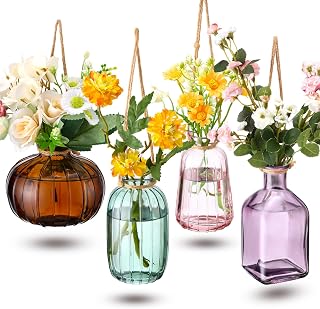 Minenameme 4PCS Stained Glass Hanging Planters - Small Terrarium Vases with Rope, 4 Vibrant Styles for Indoor Outdoor Plant Decor