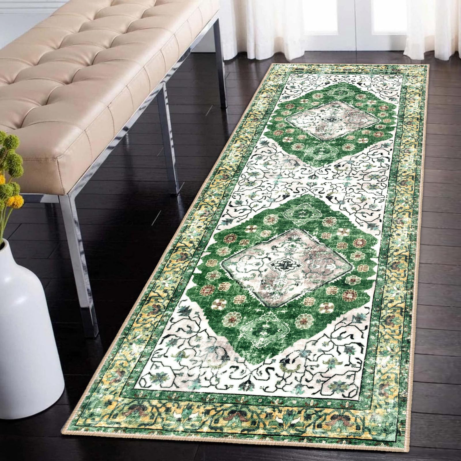 KOZYFLY Runners for Hallways 2x6 Ft Washable Kitchen Runner Rug Boho Runner Rug for Entryway Indoor Green Oriental Faux Wool Bathroom Runner Rug Floor Carpet Runner for Bedroom Kitchen Hall