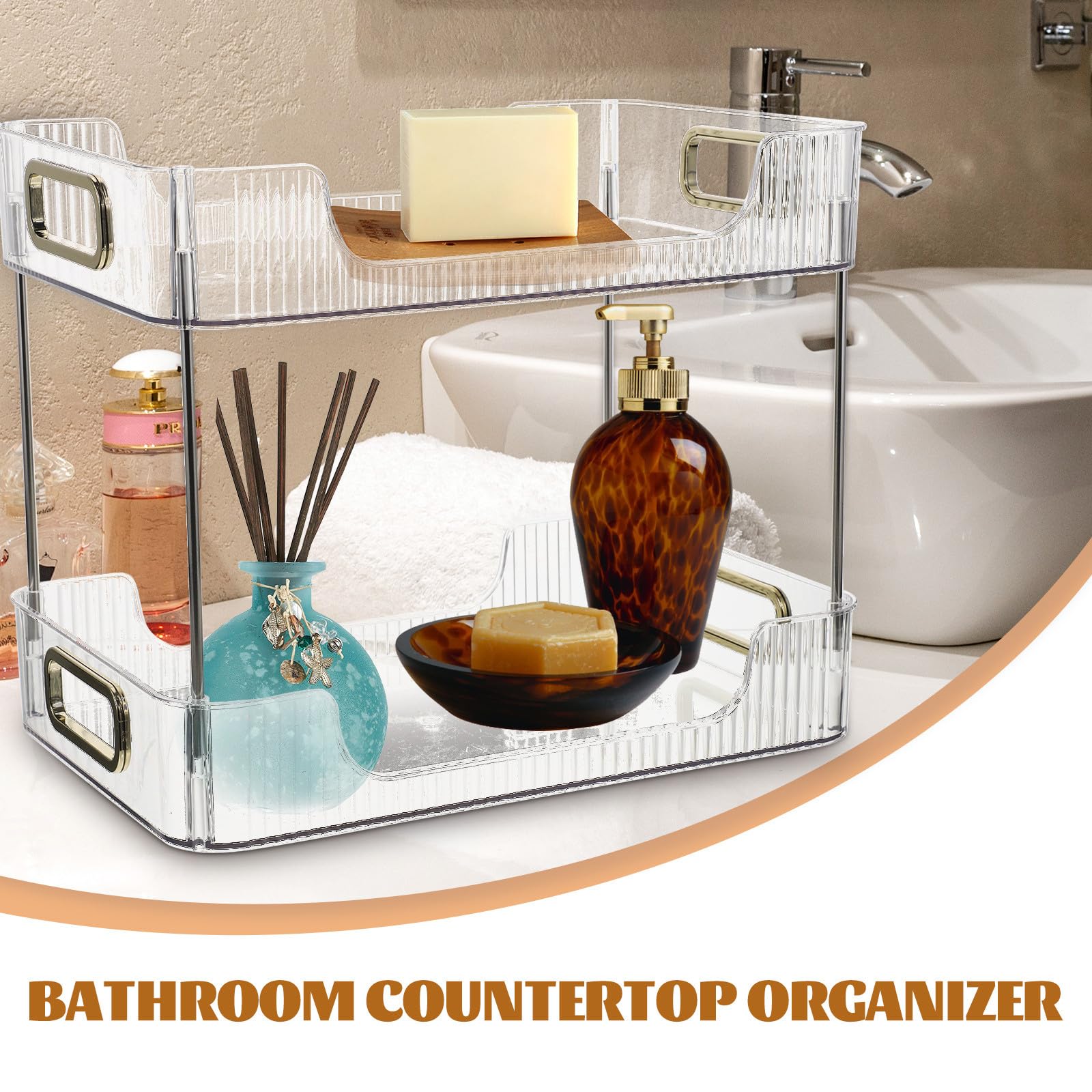 Kichvoe Organizer da Bagno da Appoggio a 2 Livelli, Scaffale Espositivo Trasparente per Cosmetici, Ripiano Doppio Salvaspazio per Articoli da Toeletta e Accessori Bagno, per Piano Lavabo
