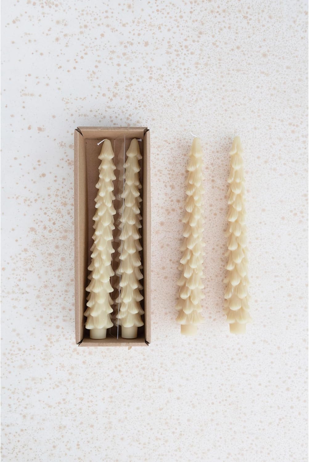 Creative Co-Op Unscented Tree Shaped Taper Candles, Eggnog Beige, Boxed Set Of 2