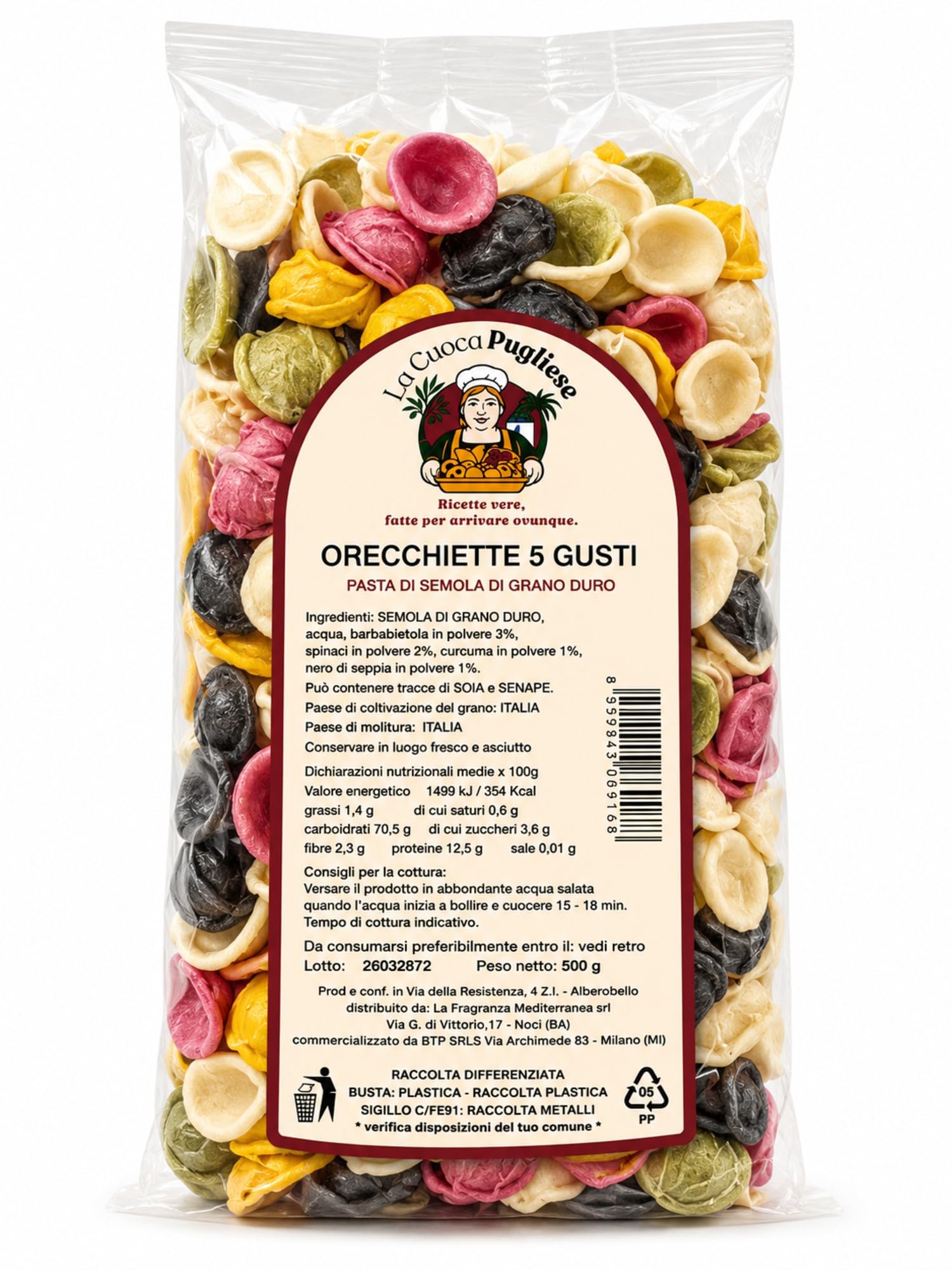 La Cuoca Pugliese - Orecchiette 5 Gusti, produzione artigianale pugliese, confezione da 10 pacchi x 500 g, pasta italiana