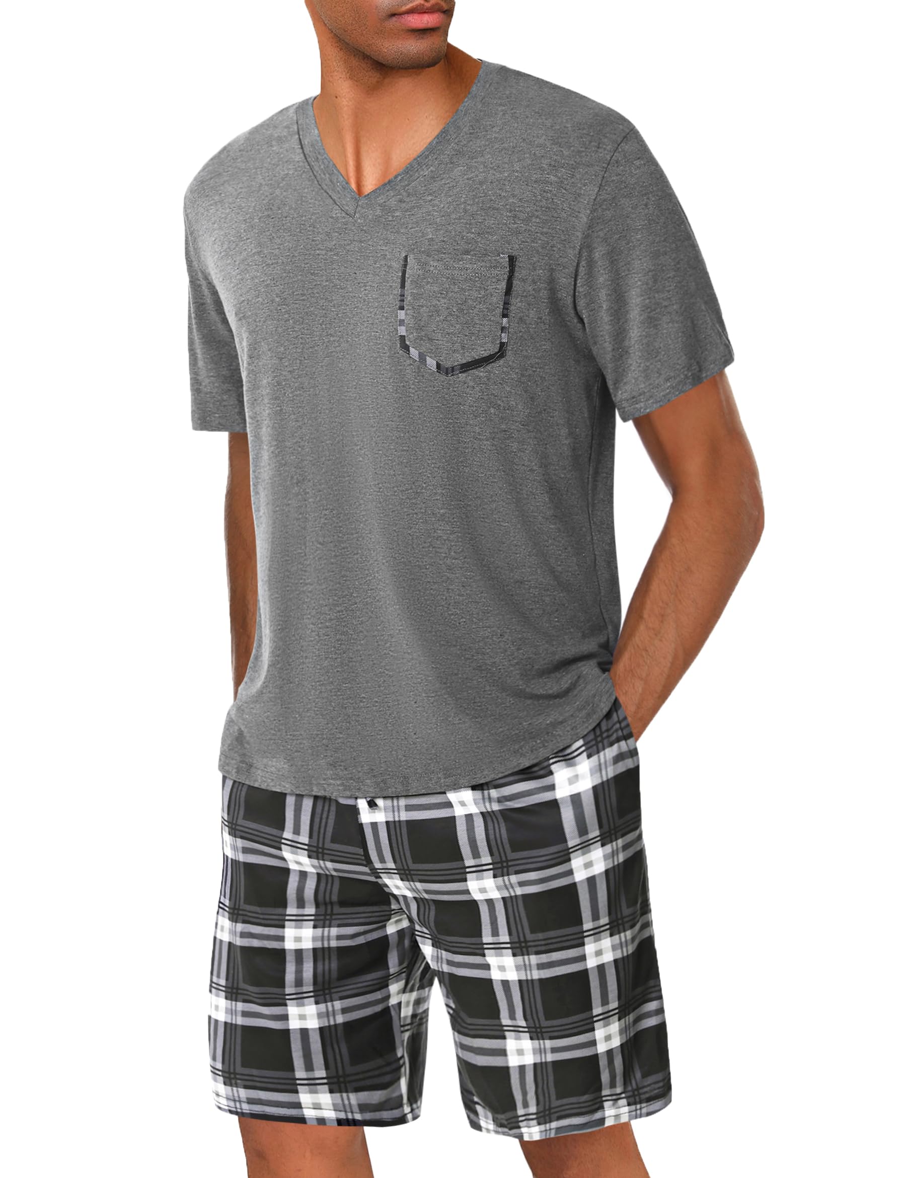 Uniexcosm Schlafanzug Herren Kurz Pyjama Set Baumwolle Zweiteiliger Kurzarm Nachtwäsche Oberteil und Karierte Kurze Hosen Sleepwear für Sommer