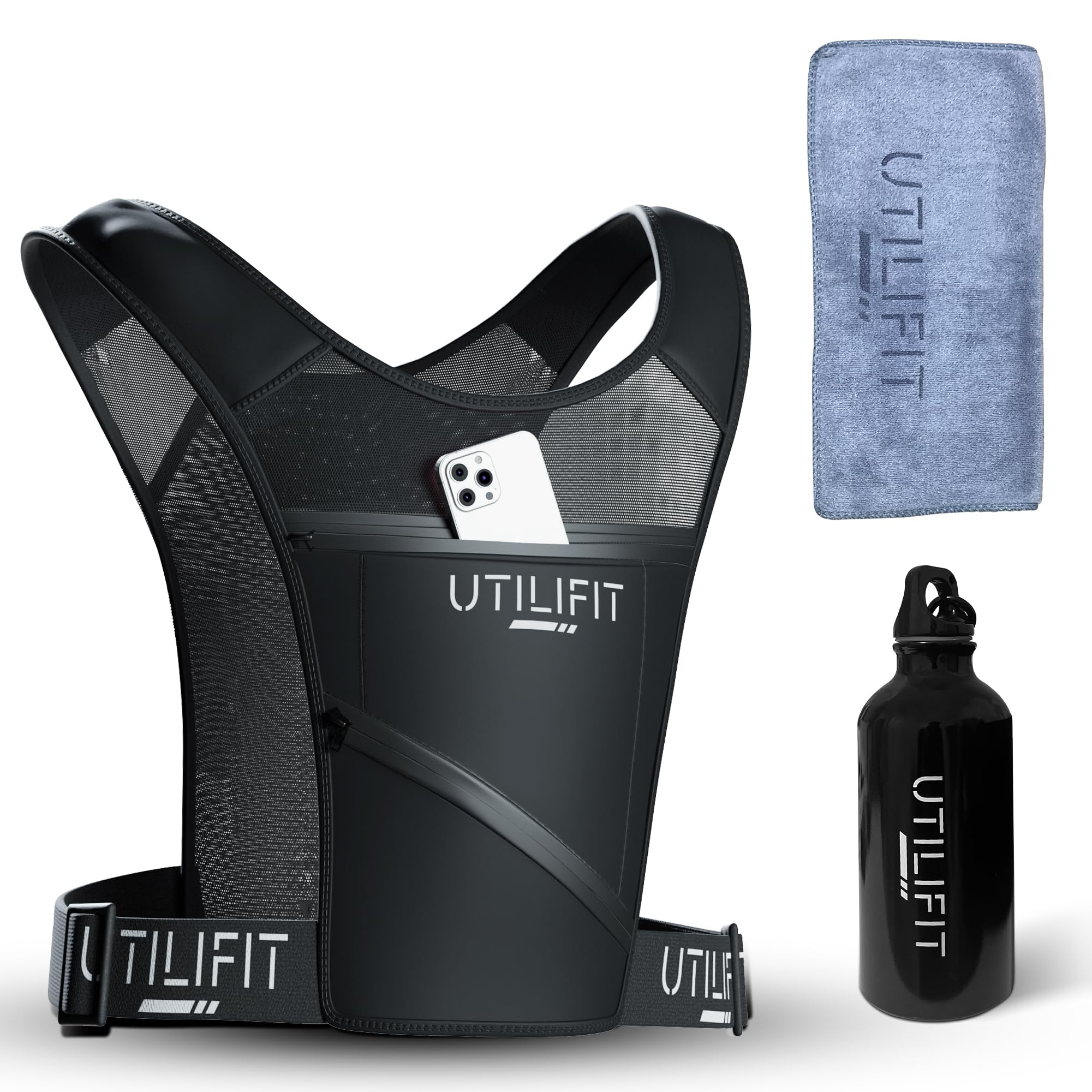 UTILIFIT Vest | Unisex running phone holder for running vest | waterproof phone pouch and key holder | running vests mens phone holder | reflective running vest women | running vest with water bottles