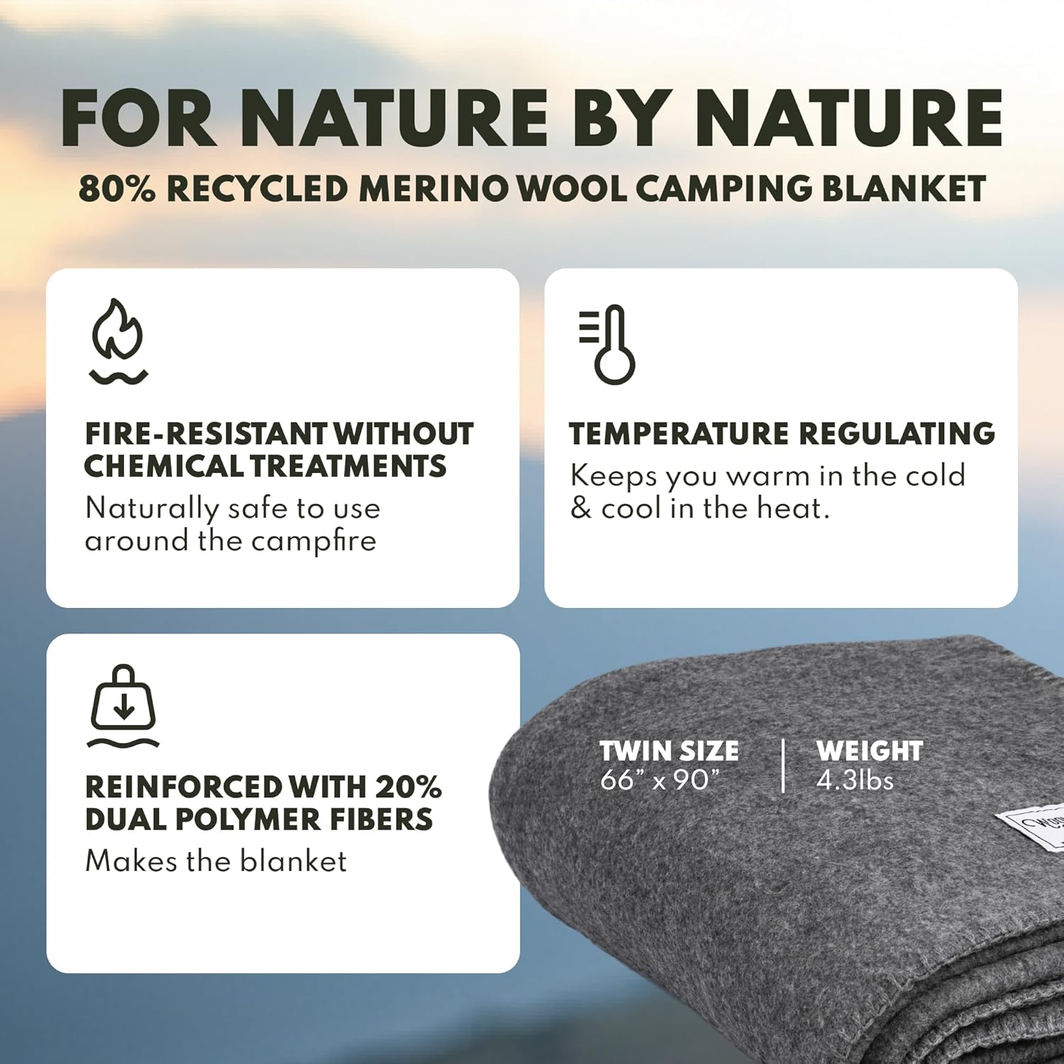 Woolly Mammoth Woolen Co. | Extra Large Merino Wool Camp Blanket | Perfect Outdoor Gear | Bedroll for Bushcraft, Camping, Trekking, Hiking, Survival, or Throw Blanket at the Cabin (Gray), 66" x 90"