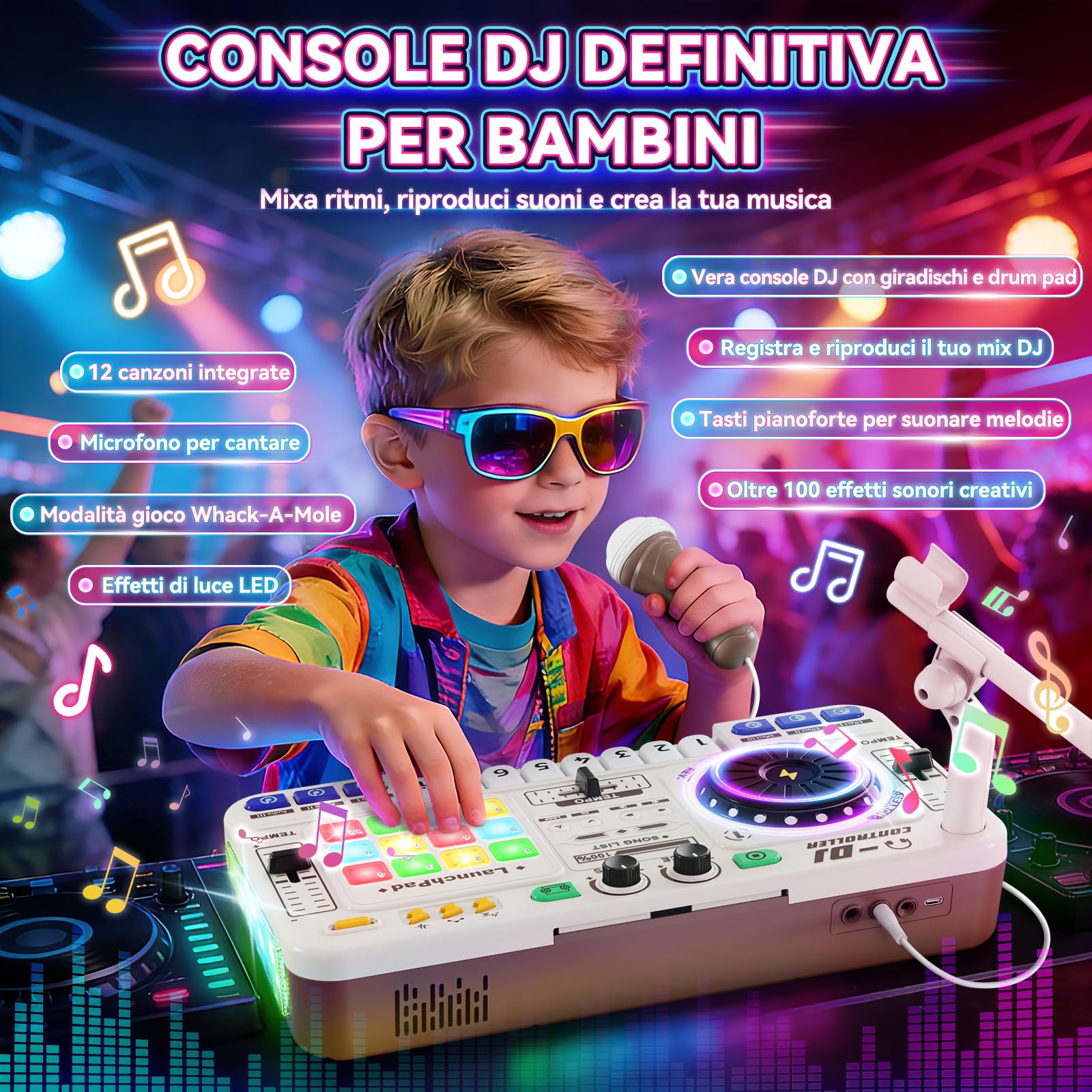 Console DJ per bambini, controller DJ, mixer DJ bambini con funzione di registrazione, 100+ effetti sonori, giradischi DJ realistico e drum pads, regalo per bambini e bambine 3-11 anni, Bianco