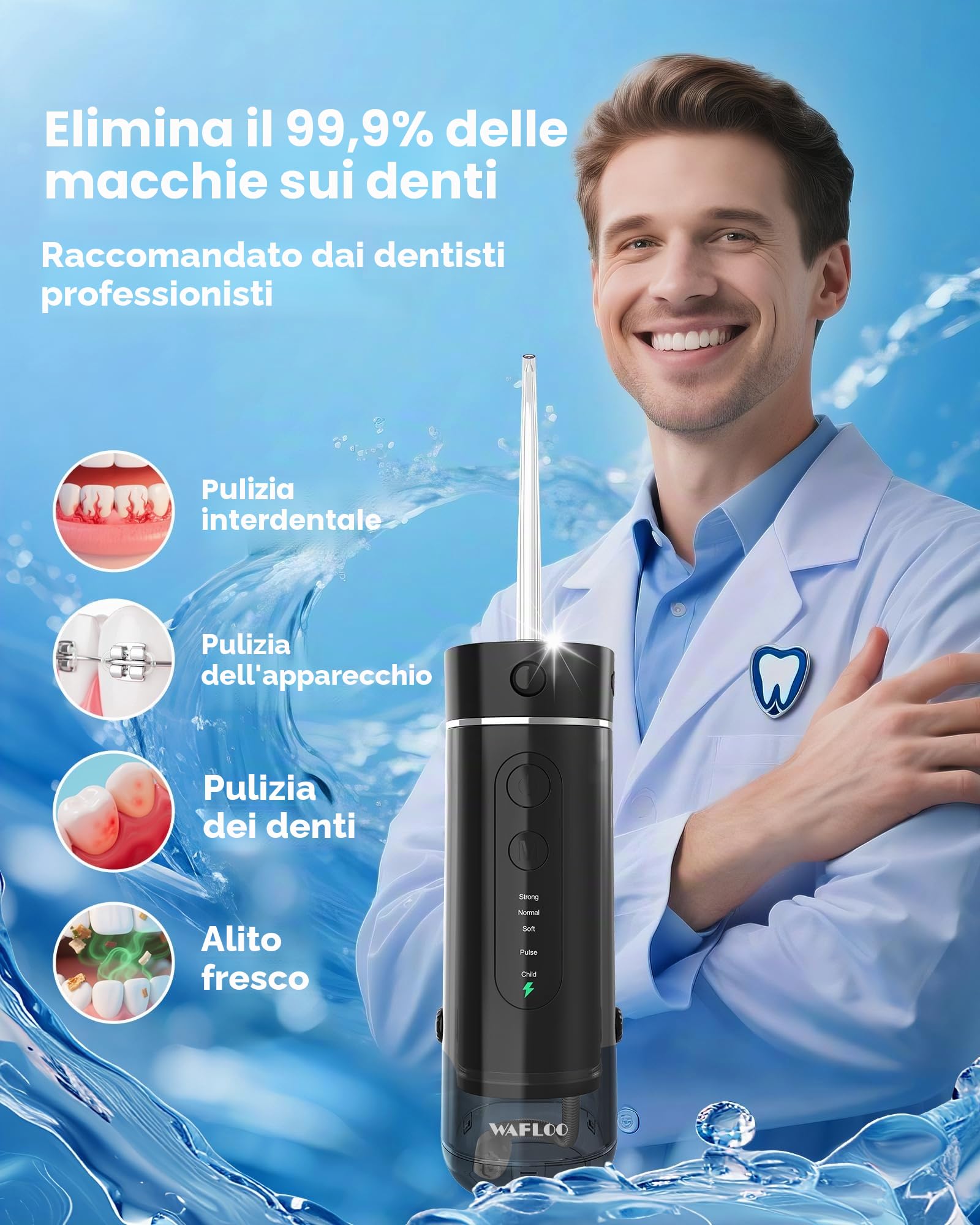Idropulsore Dentale Portatile, 5 Modalità, Serbatoio 180ml, Impermeabile IPX7, Mini Irrigatore Orale da Viaggio, Water Flosser per Casa e Spostamenti