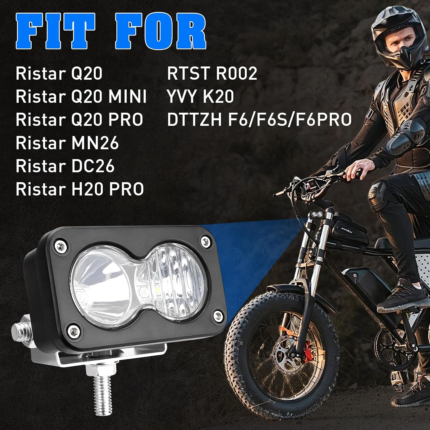 Ebike Upgrade Headlight for Ridstar Q20 6500K 20W Bright Waterproof LED Light for Baja Ridstar Q20 Lite Q20 Pro Q20 MINI 3 Pin Universal 12V-60V