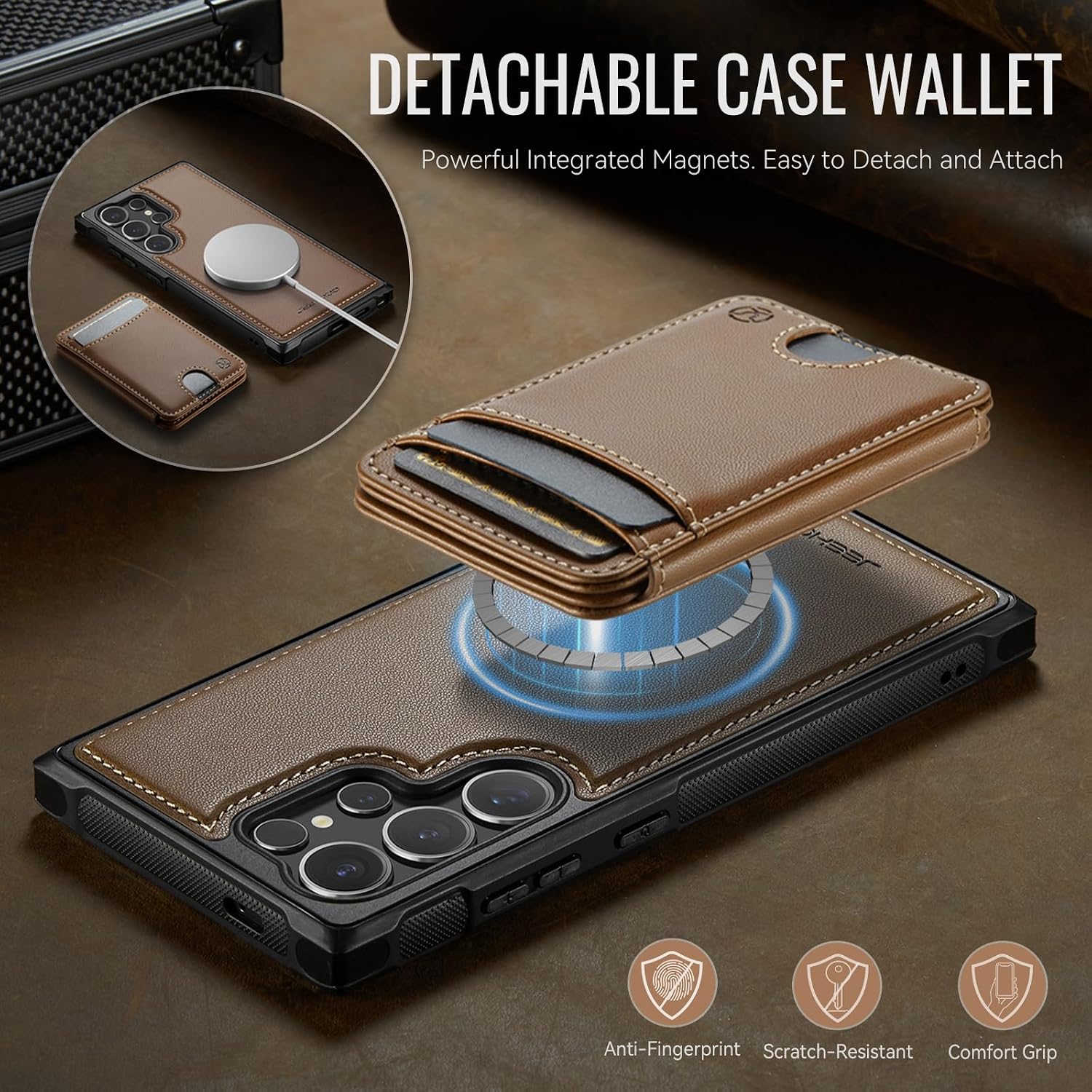 for Samsung Galaxy S25 Ultra MagSafe Wallet Case, 2-in-1 Detachable Luxury Card Holder, Universal MagSafe Compatible, RFID Blocking, Shockproof Kickstand Slim Cover，Brown