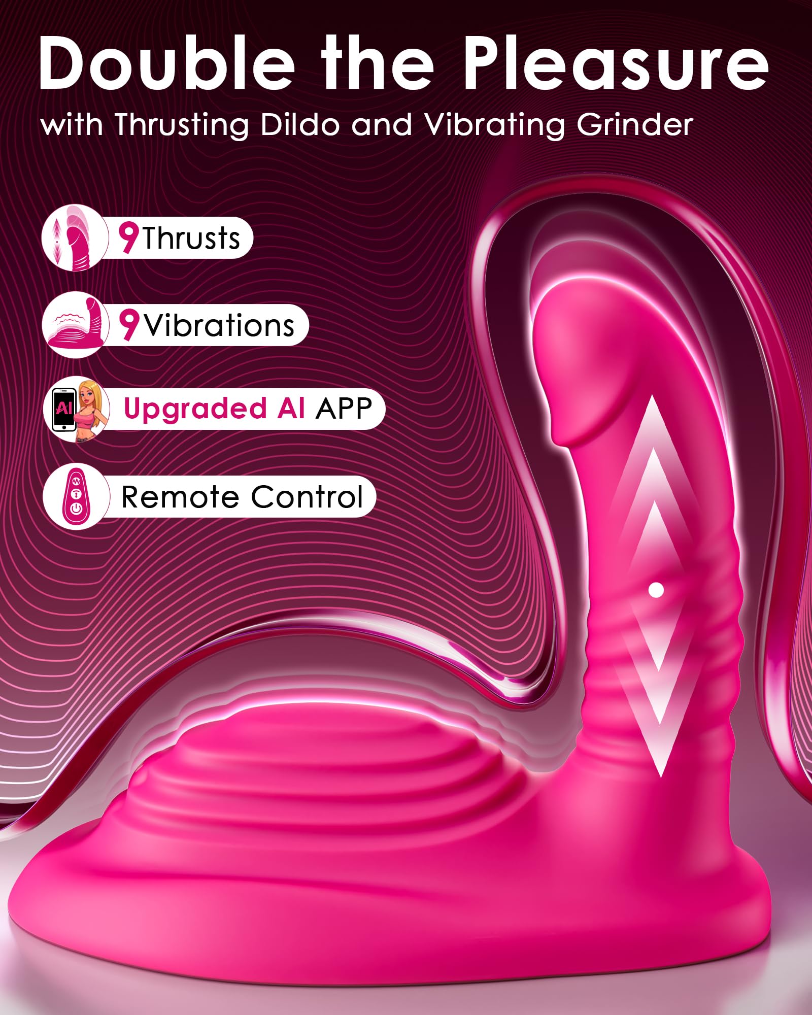 Vibrador anatómico 9 modos remoto Punto G Silicona IPX7 Base ancha 6,5x3,3 pulg Rosa Intenso