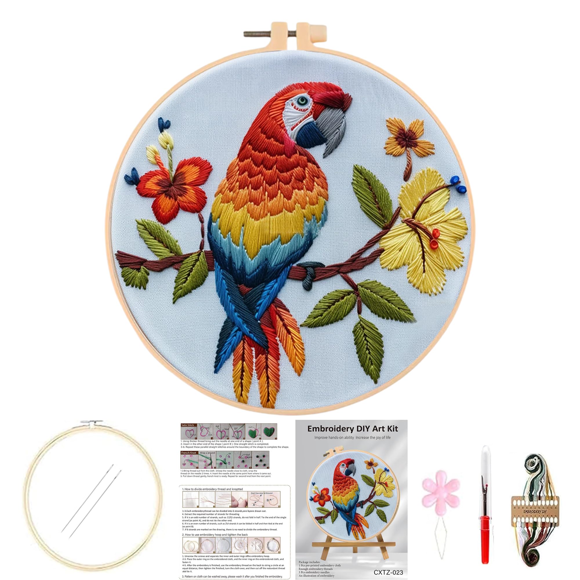 Huacan Embroidery Kits for Adults Beginner DIY Cross Stitch Stamped Animal Pattern Stitching Sewing Kit 1 Piece 7.9 x 7.9 Inch (Parrot)