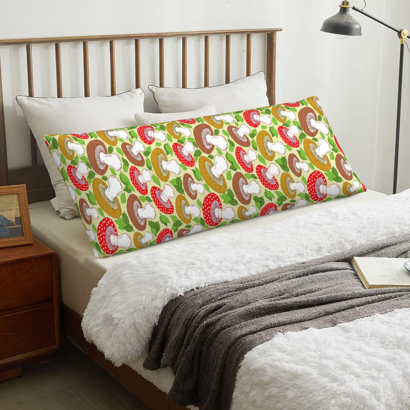 Cute Mushrooms And Leaves Pattern, Body Pillow Cover with Zipper,Long Body Pillowcase 20 x 60 in
