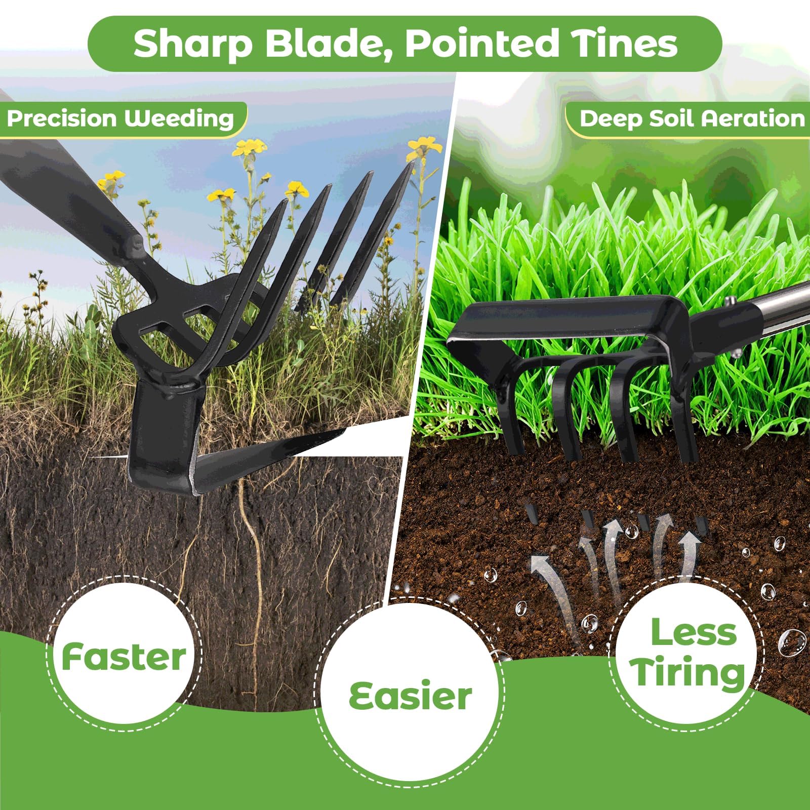 Zappa da giardino per diserbatura, strumento per zappa con supporto per giardino con anello regolabile, manico lungo 157 cm, argento, regolabile, per diserbo