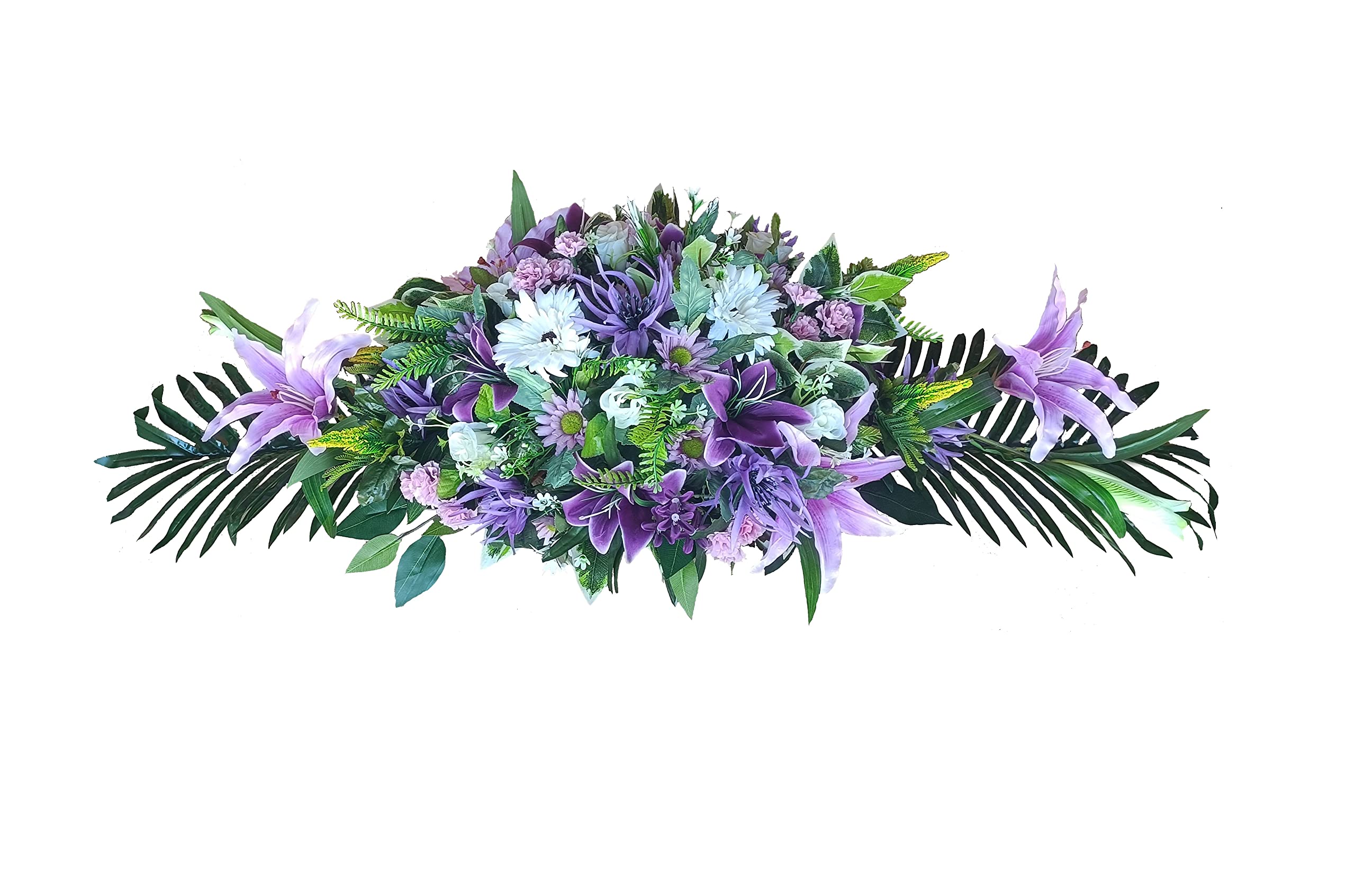 Centro de Flores Artificiales Cementerio, Santos, Aniversarios de pie Morado Malva y Blanco (Centro Plano 120x42x32 cm)